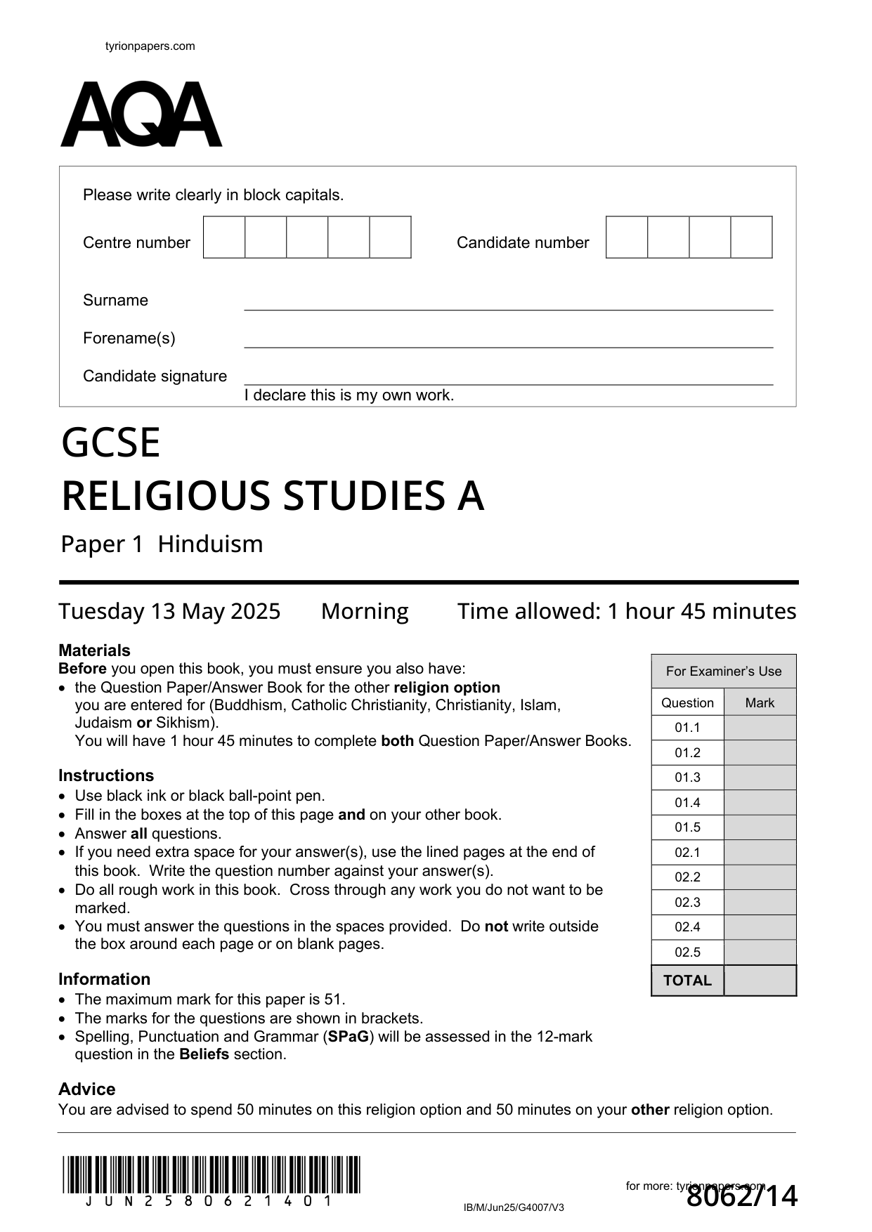 AQA GCSE Religious Studies A Paper 1 Hinduism 2025 Q P