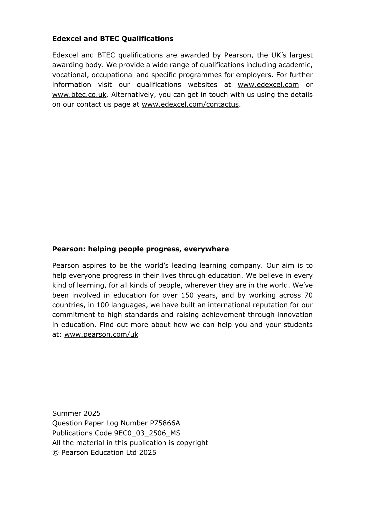 Pearson Edexcel A Level Economics A Paper 3 2025 Mark scheme