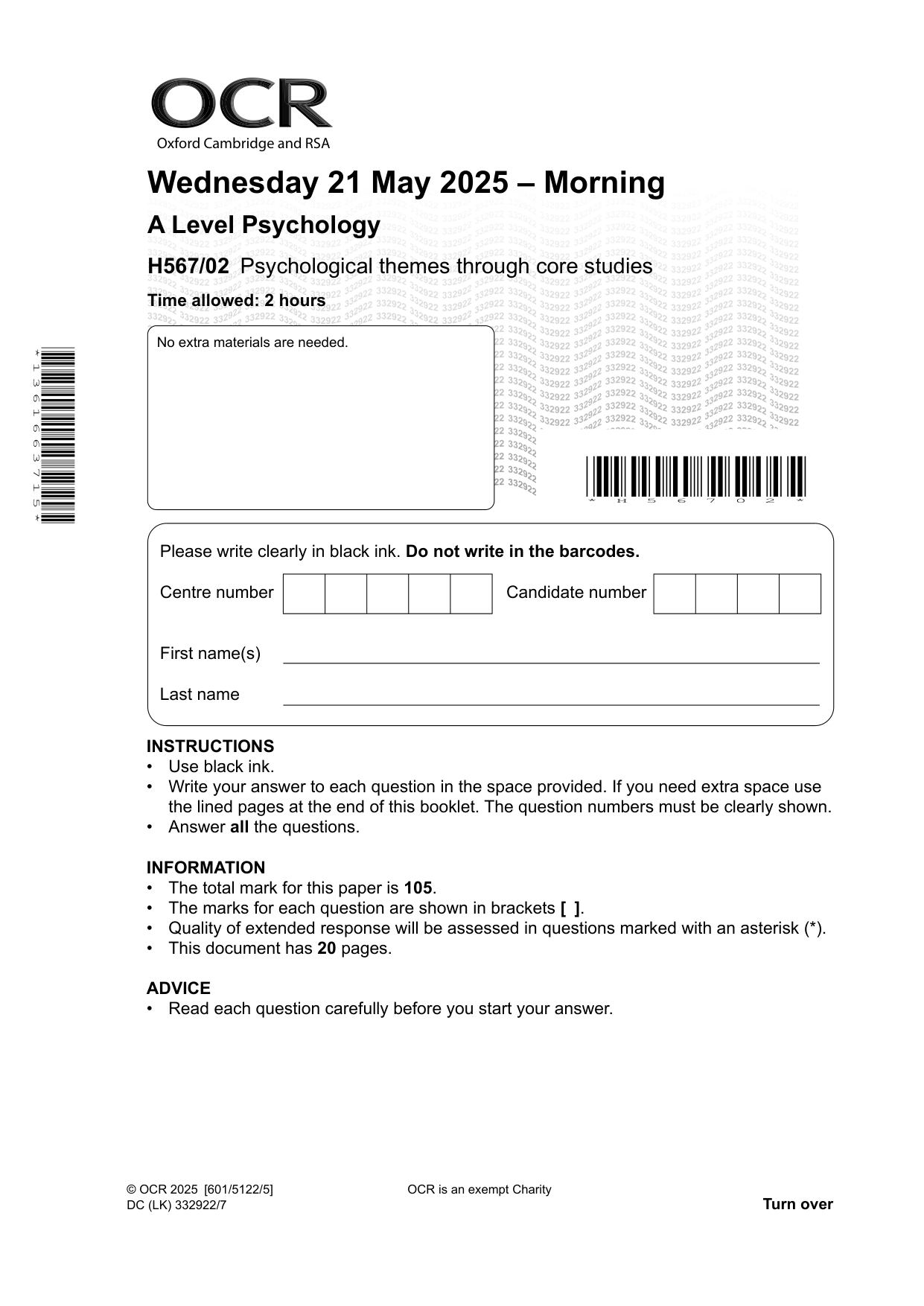 OCR A Level Psychology Paper 2  2025 QP