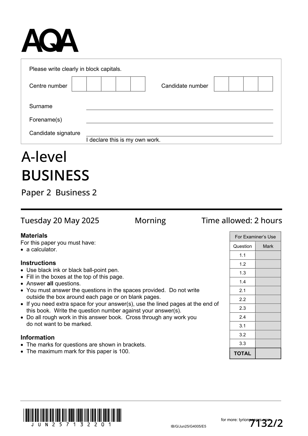 AQA A Level Business Paper 2 2025 Question Paper PDF