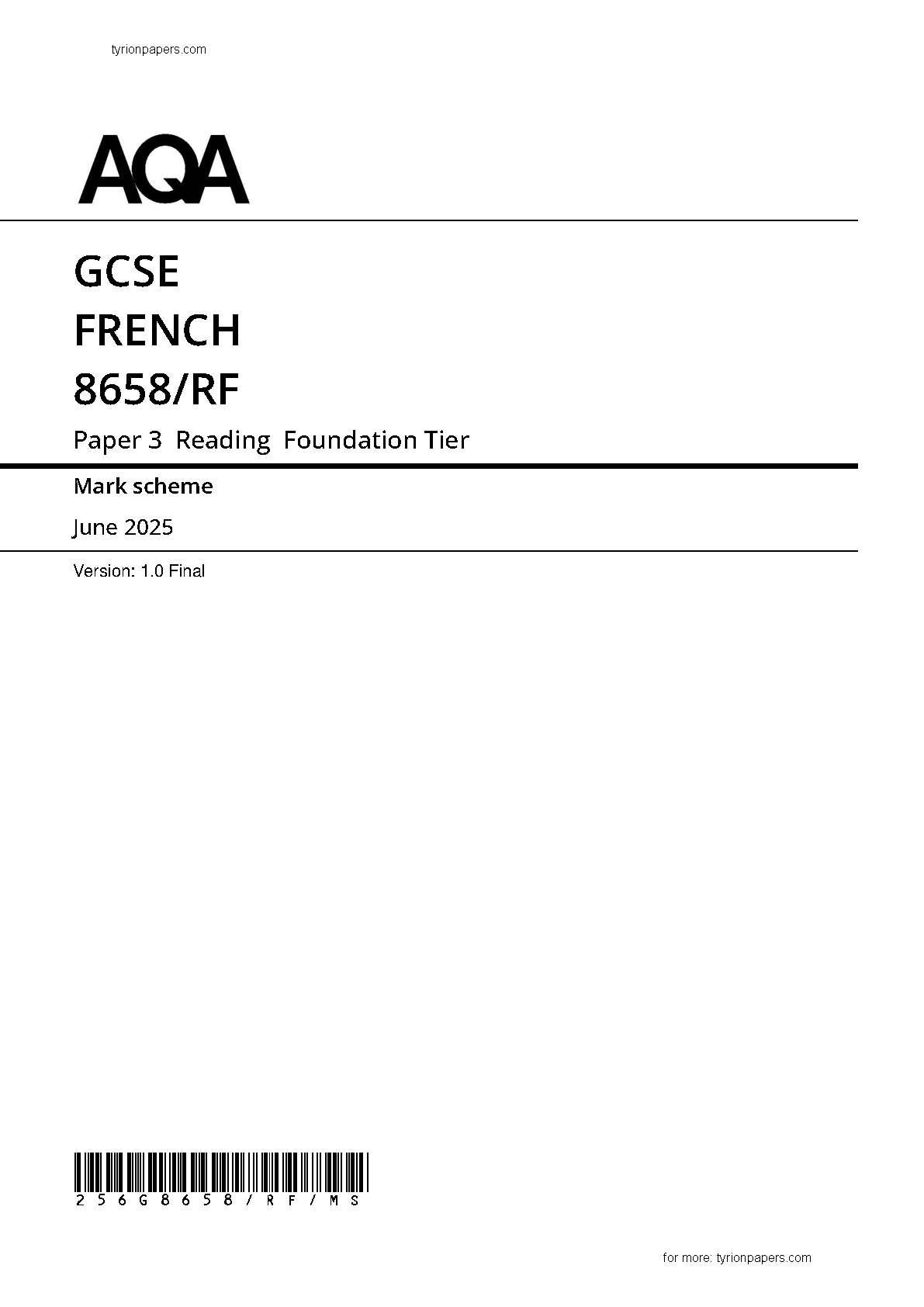 AQA GCSE French Paper 3F 2025 Mark Scheme