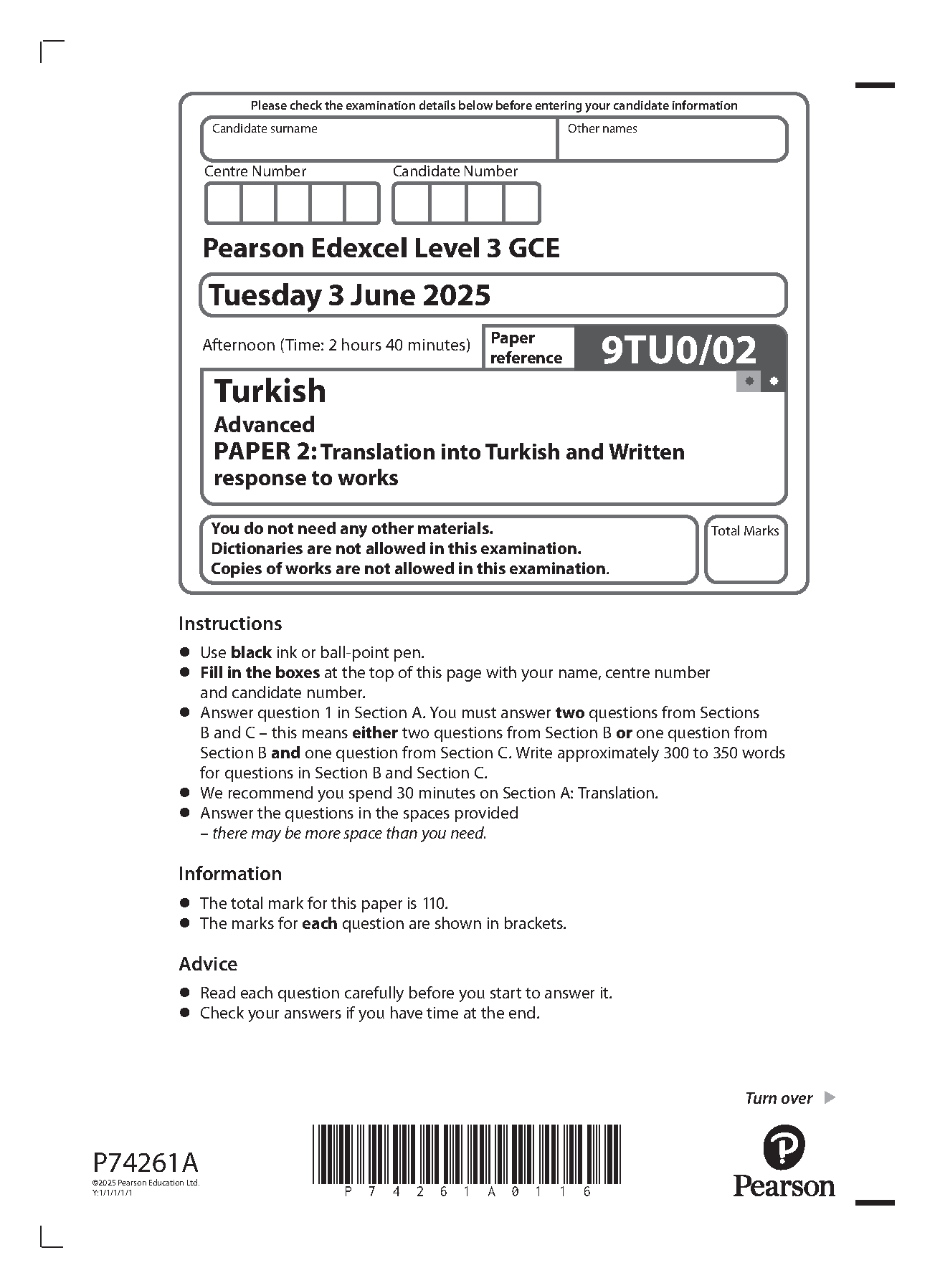 Pearson Edexcel A Level Turkish Paper 2 2025 Question Paper IMG-1