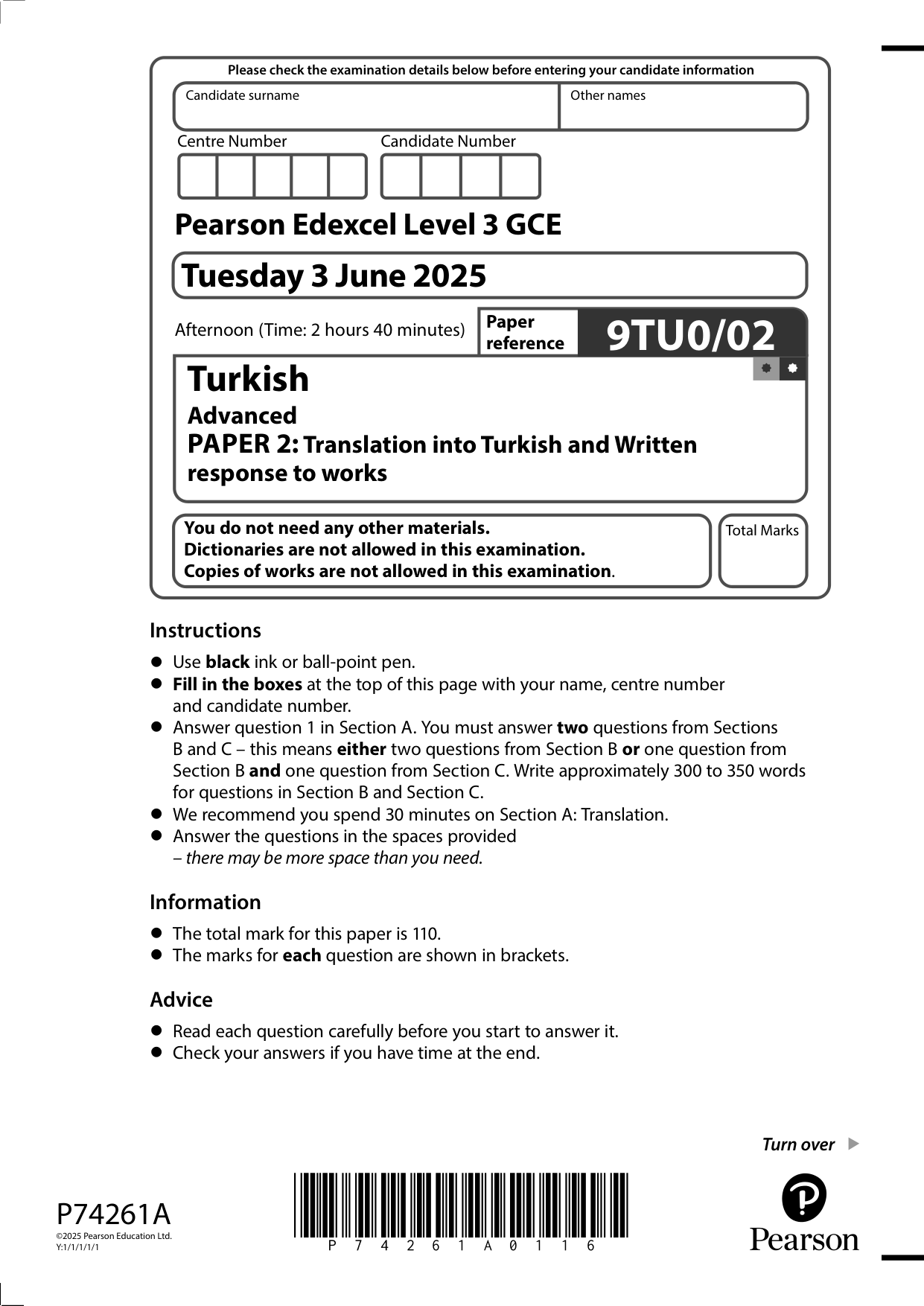 Pearson Edexcel A Level Turkish Paper 2 2025 Question Paper