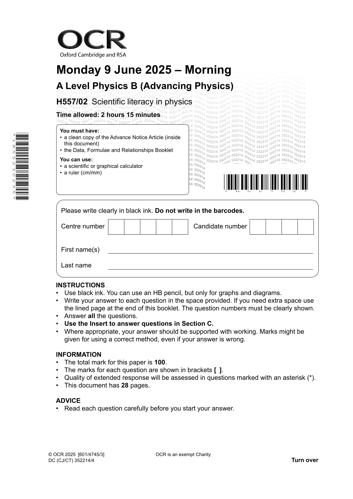 OCR A Level Physics B Paper 2 2025 Question Paper