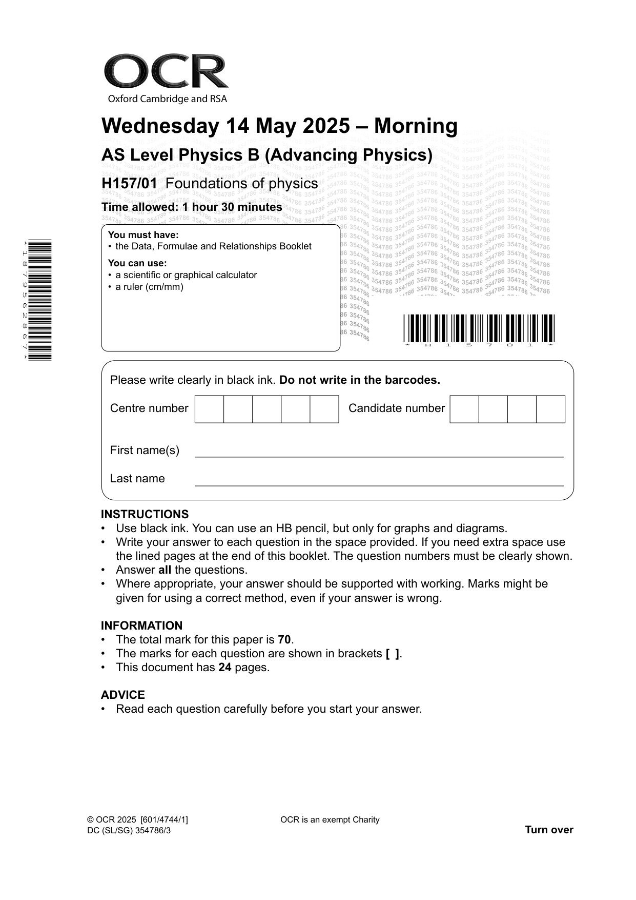 OCR AS Physics B Paper 1 2025 Question Paper