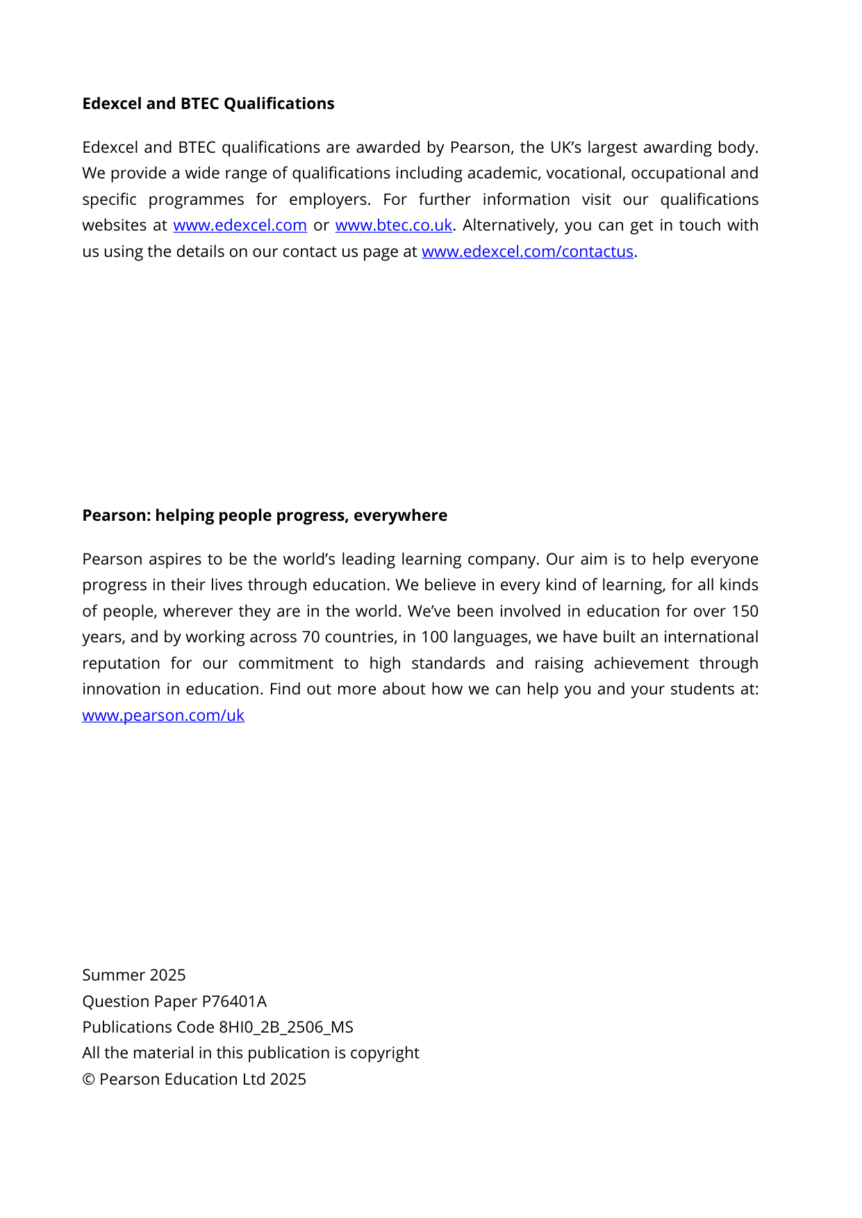 Pearson Edexcel AS History Paper 2B 2025 Mark Scheme PDF