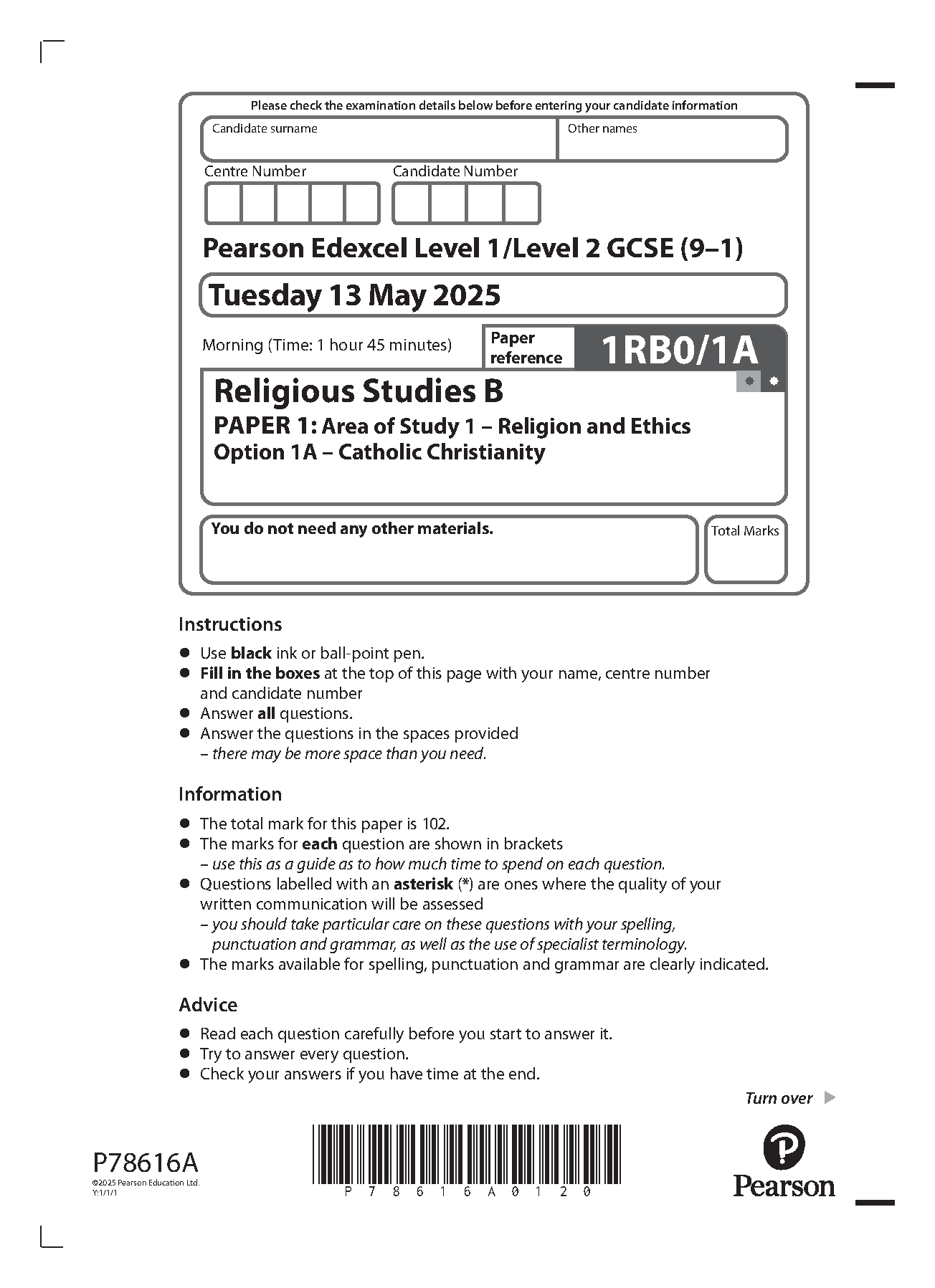 Pearson Edexcel GCSE Religious Studies B Paper 1A 2025 QP IMG-1