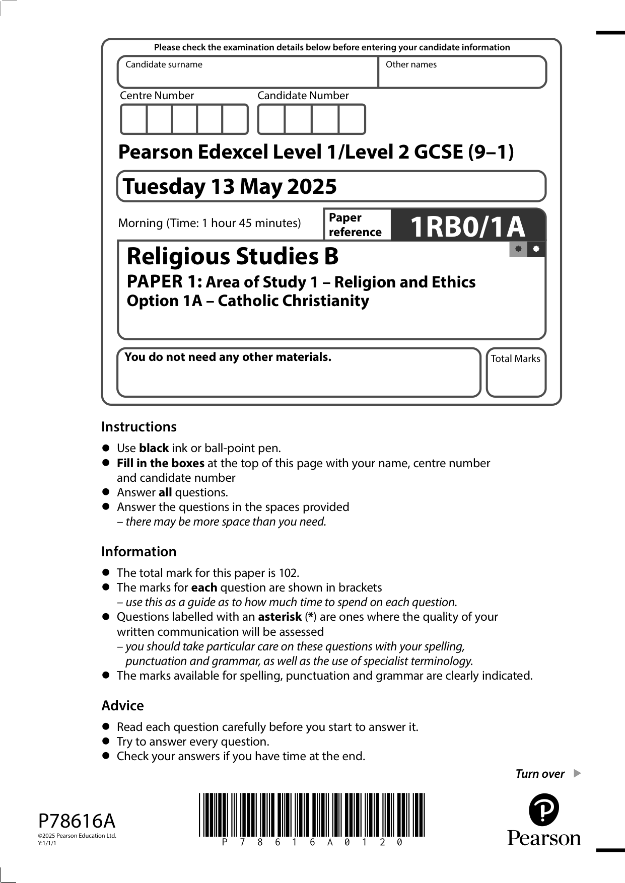 Pearson Edexcel GCSE Religious Studies B Paper 1A 2025 QP