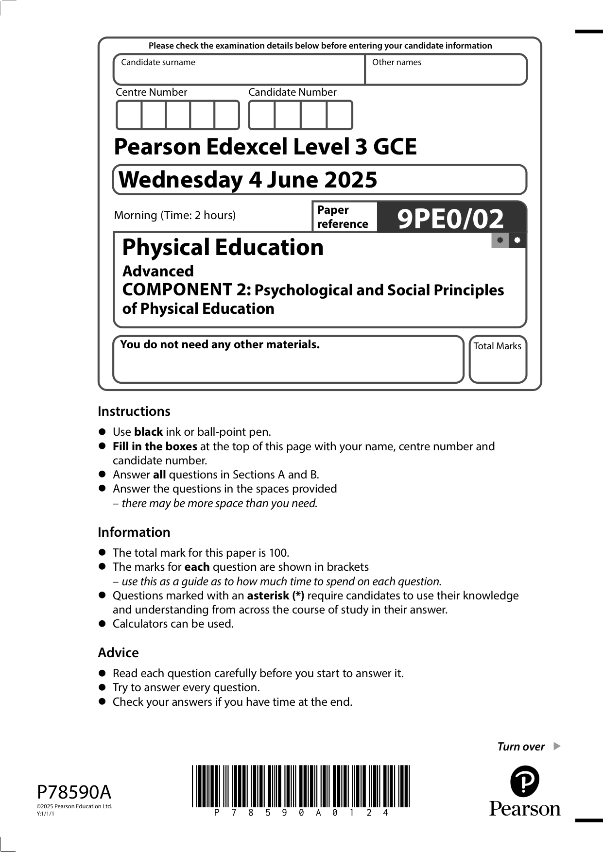 Pearson Edexcel A Level Physical Education 2025 Paper 2 QP