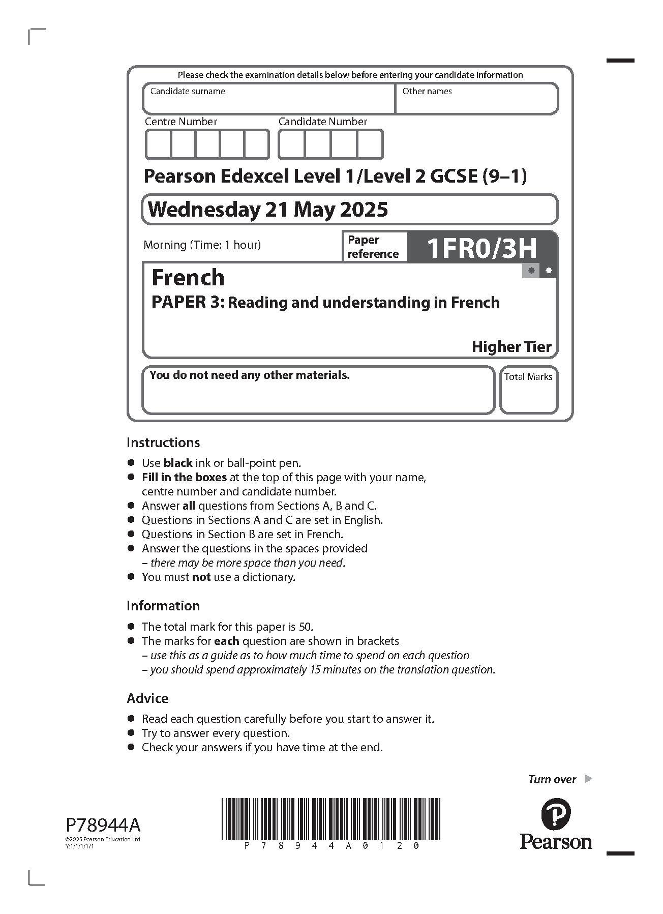 Pearson Edexcel GCSE French Paper 3H 2025 Question Paper PDF IMG-1