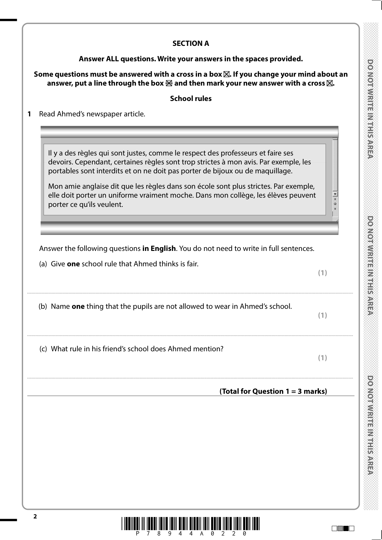 Pearson Edexcel GCSE French Paper 3H 2025 Question Paper PDF