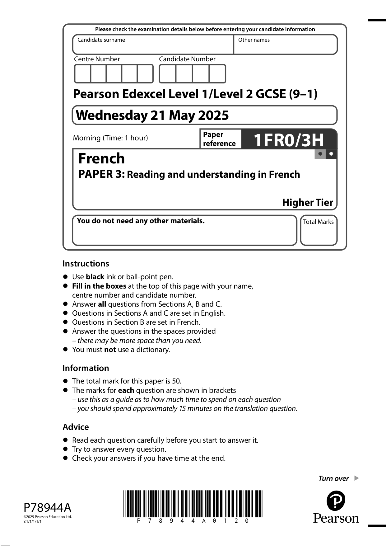 Pearson Edexcel GCSE French Paper 3H 2025 Question Paper PDF