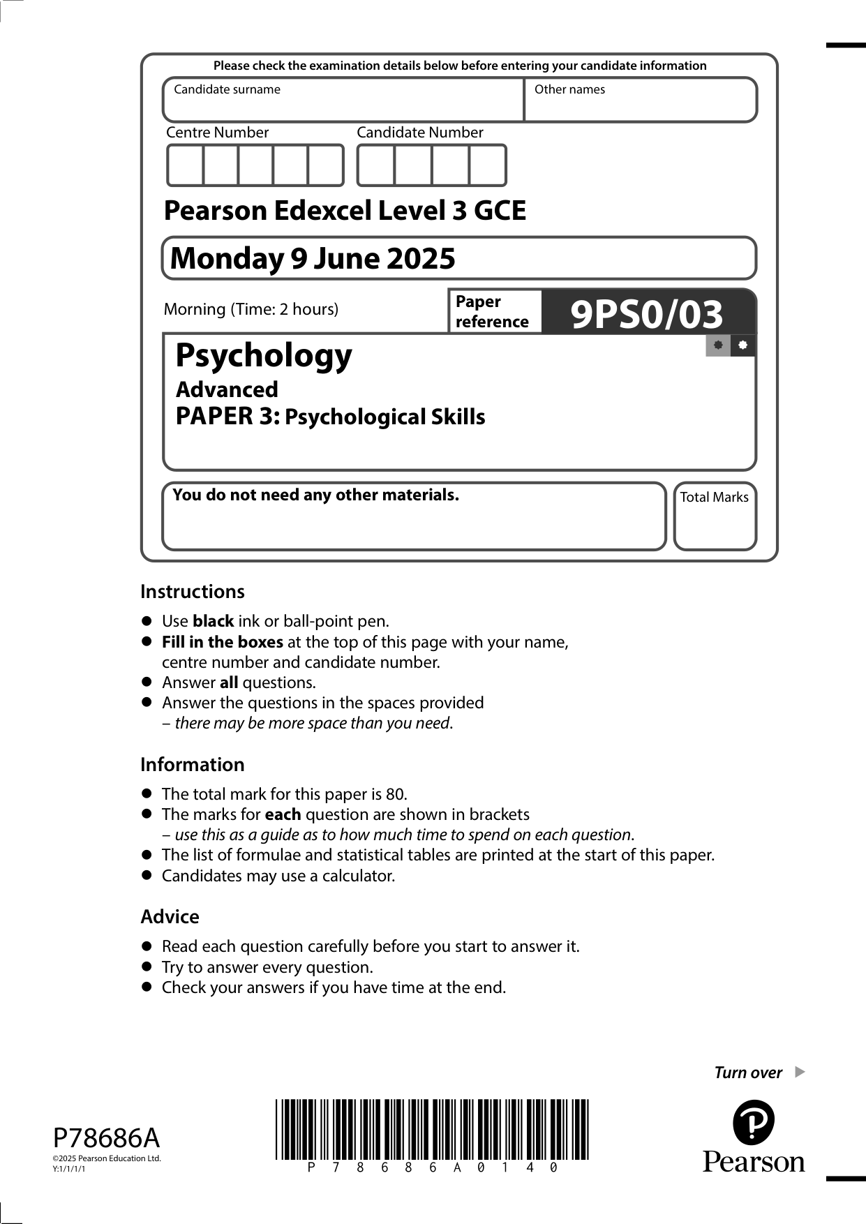 Pearson Edexcel A Level Psychology Paper 3 2025 QP