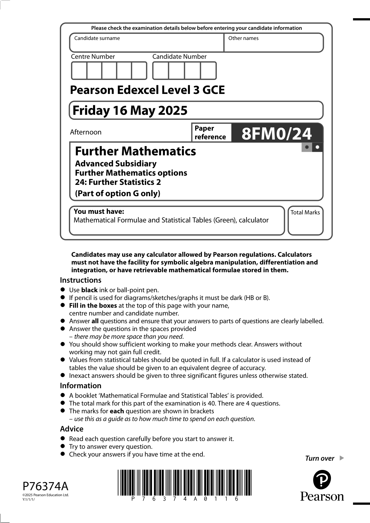 Pearson Edexcel AS Further Mathematics Paper 24 2025 QP
