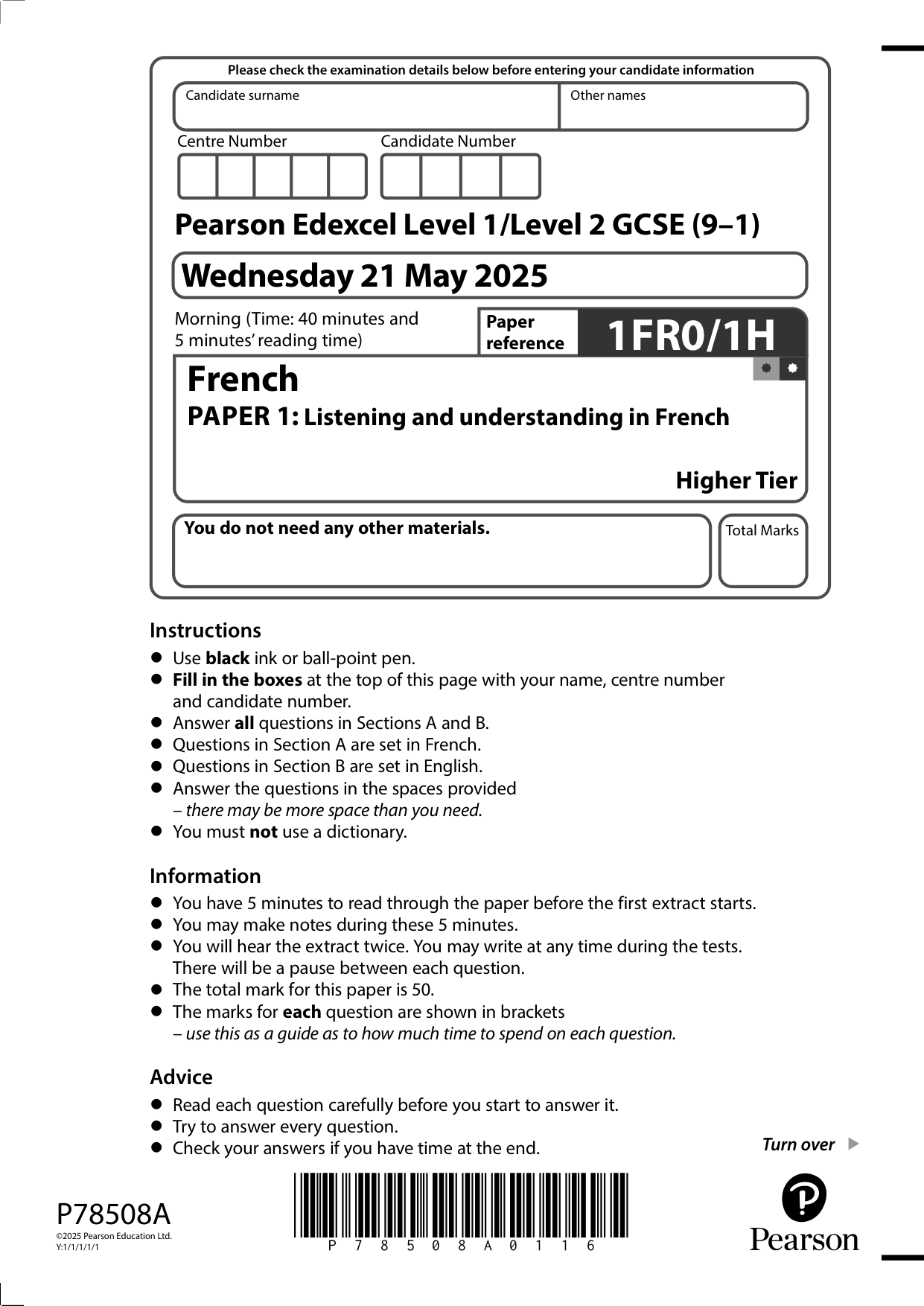 Pearson Edexcel GCSE French Paper 1 May 2025 Question Paper