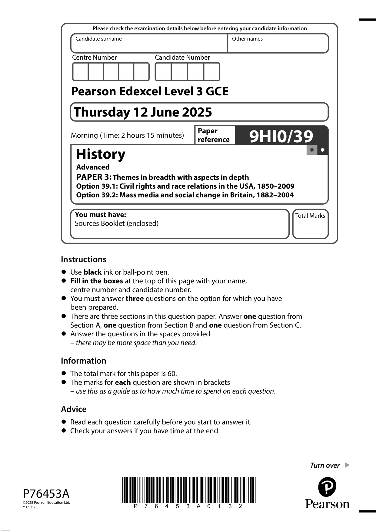 Pearson Edexcel A Level History Paper 39 2025 QP PDF