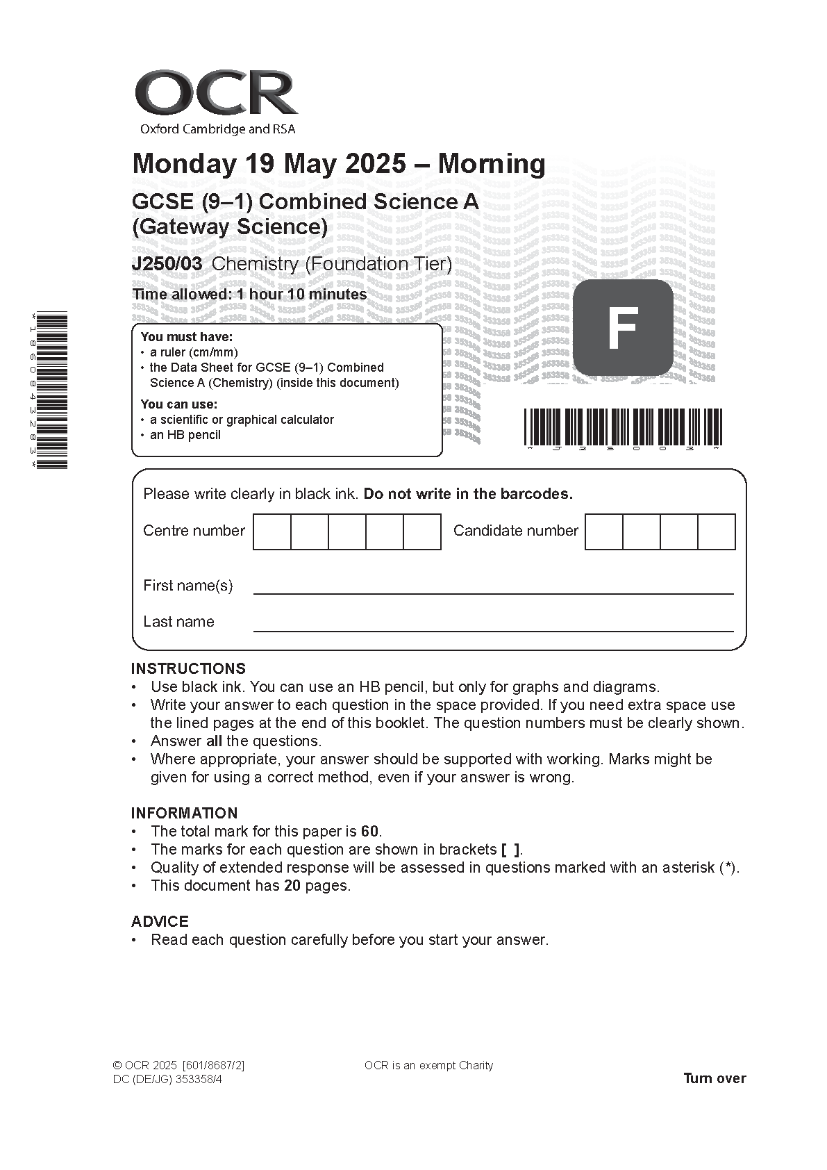 OCR GCSE Chemistry Combined Science A Paper 3 2025 QP