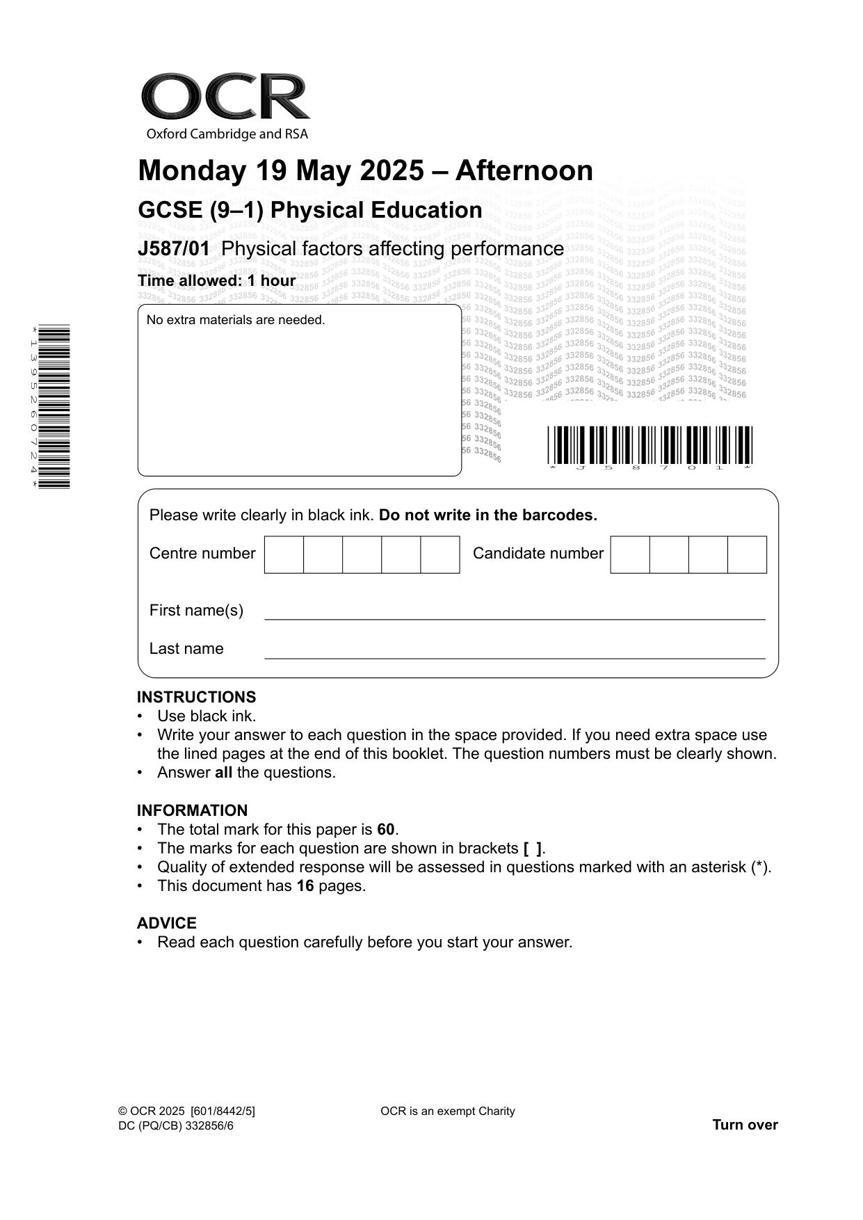 OCR GCSE Physical Education Paper 1 2025 Question Paper PDF