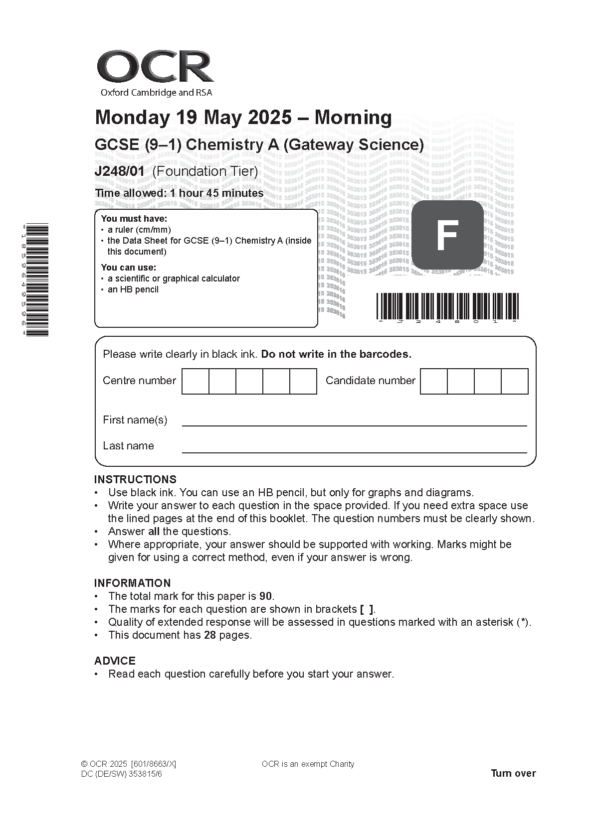 OCR GCSE Chemistry A Paper 1 2025 Question Paper