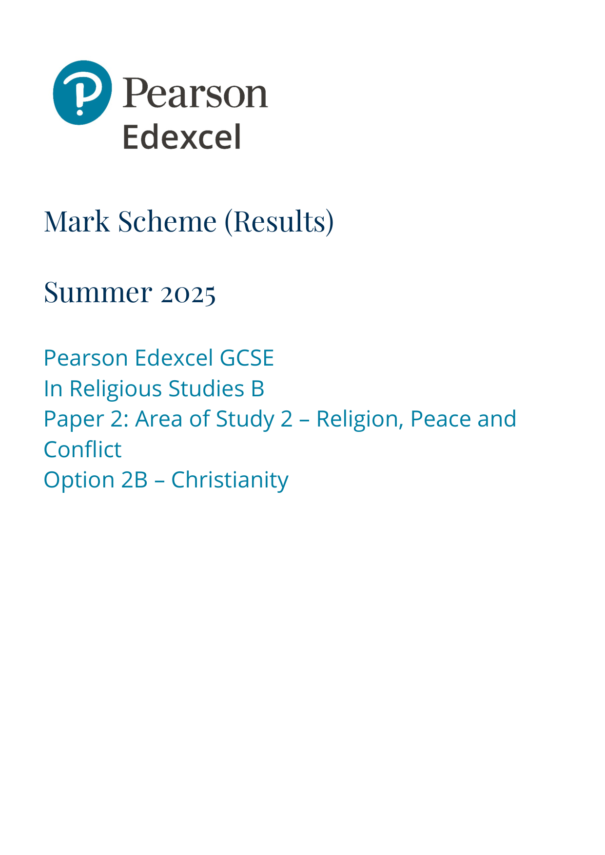 Pearson Edexcel GCSE Religious Studies B Paper 2b 2025 MS