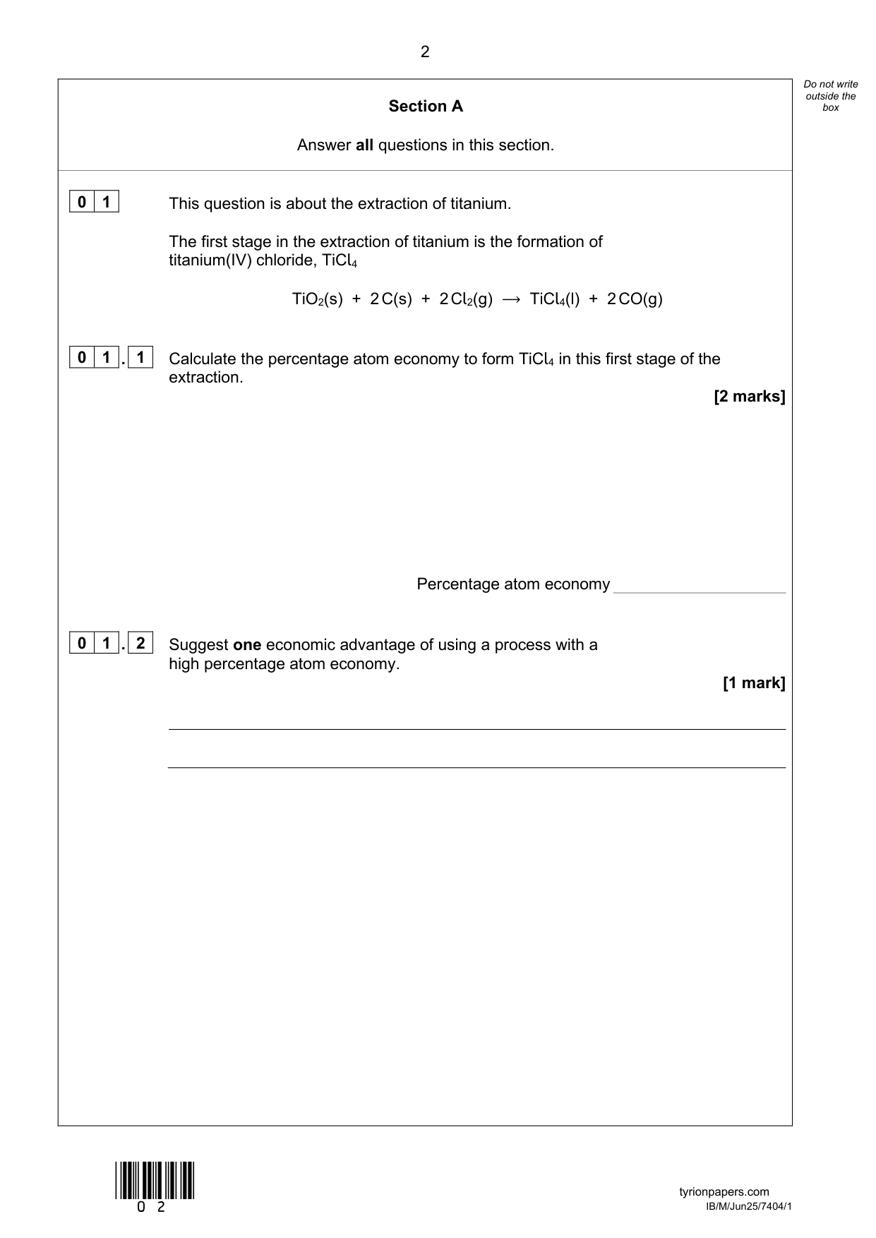 AQA AS Chemistry Paper 1 2025 Question Paper PDF