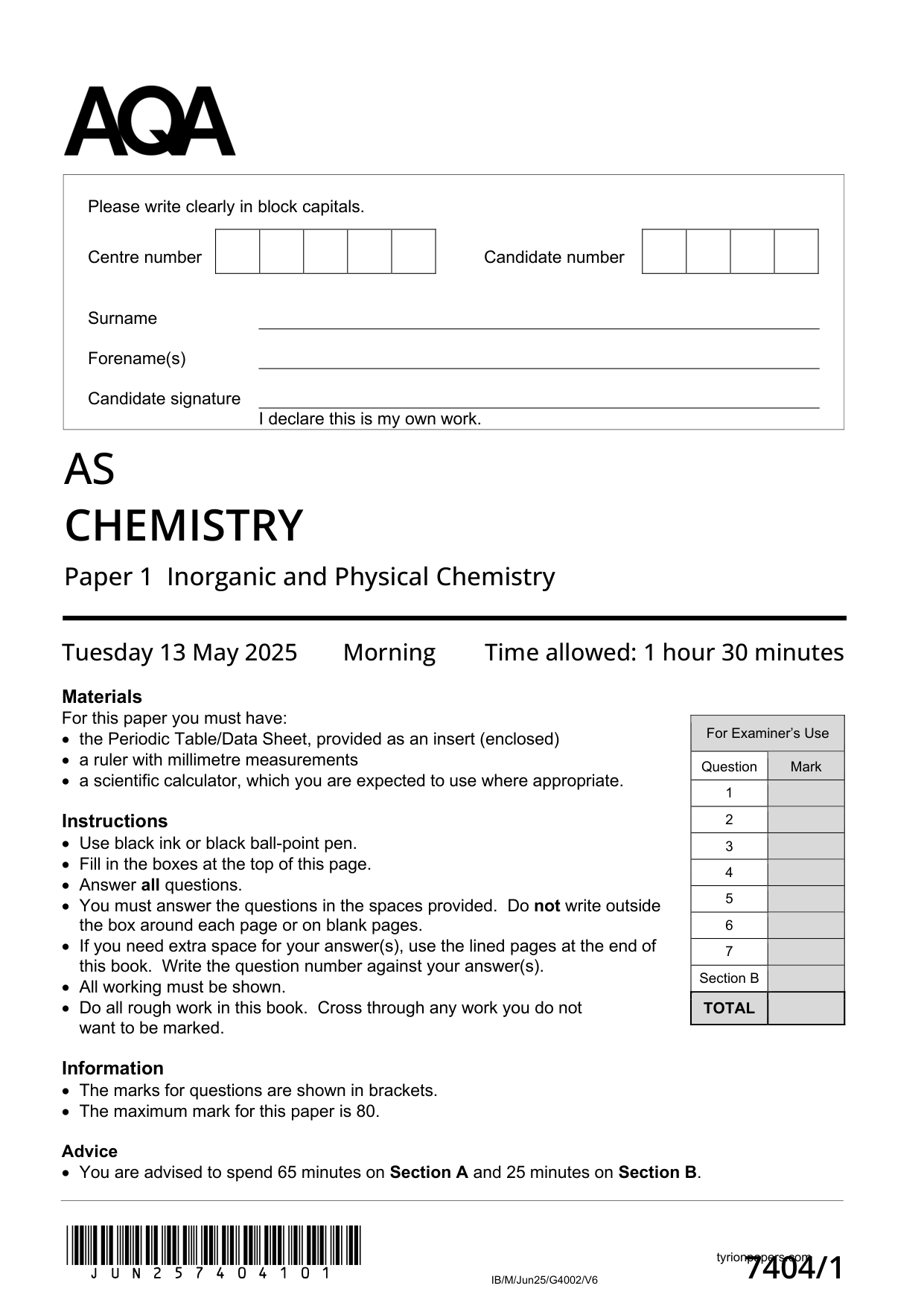 AQA AS Chemistry Paper 1 2025 Question Paper PDF