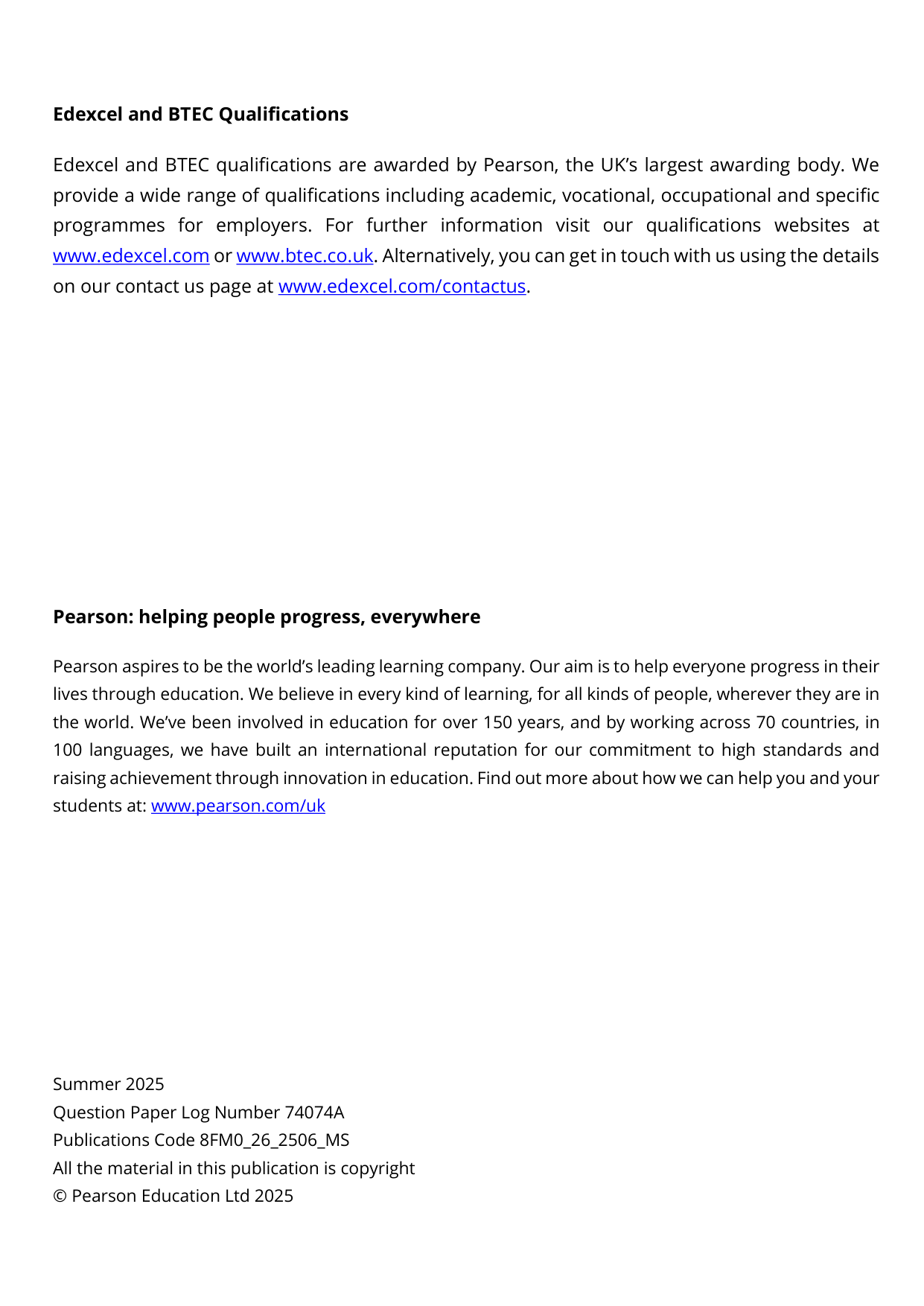 Pearson Edexcel AS Further Mathematics Paper 26 2025 Ms