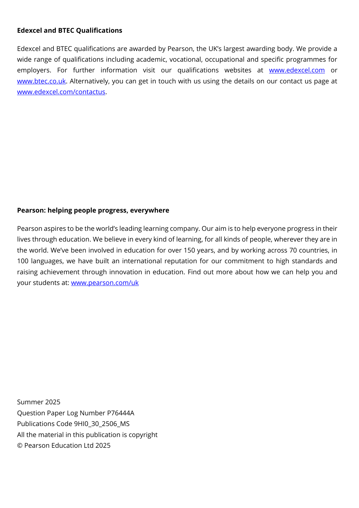 Pearson Edexcel A Level History Paper 30 2025 Mark Scheme