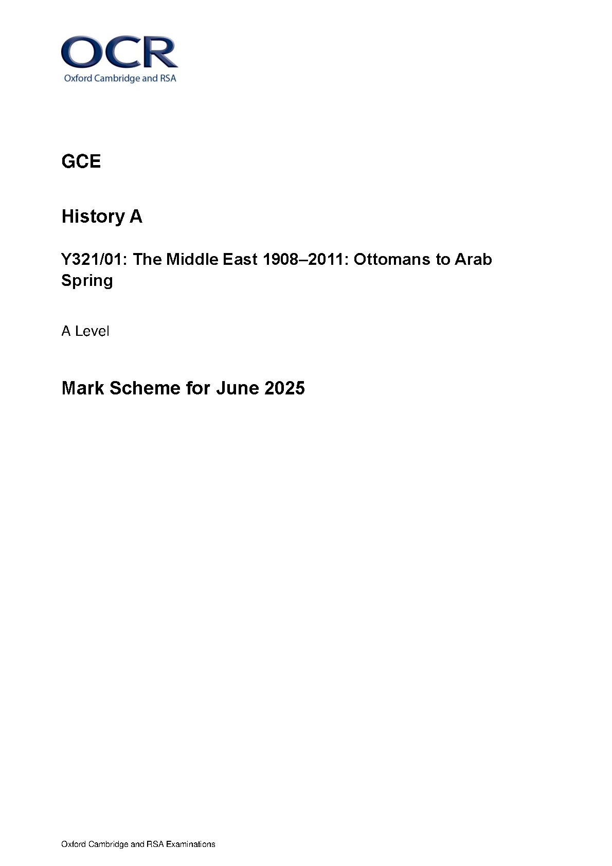OCR A Level History A Paper 1 2025 Mark Scheme