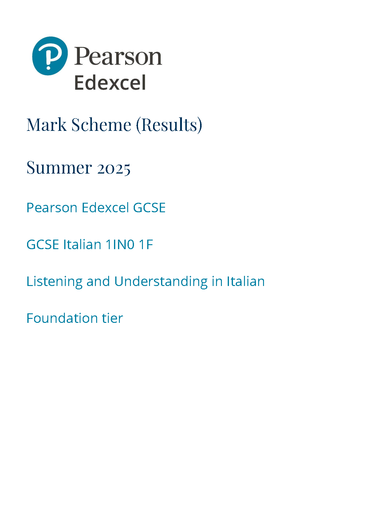 Pearson Edexcel GCSE Italian Paper 1F 2025 Mark Scheme PDF IMG-1