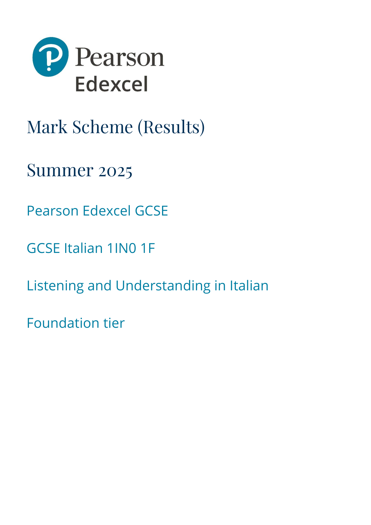 Pearson Edexcel GCSE Italian Paper 1F 2025 Mark Scheme PDF