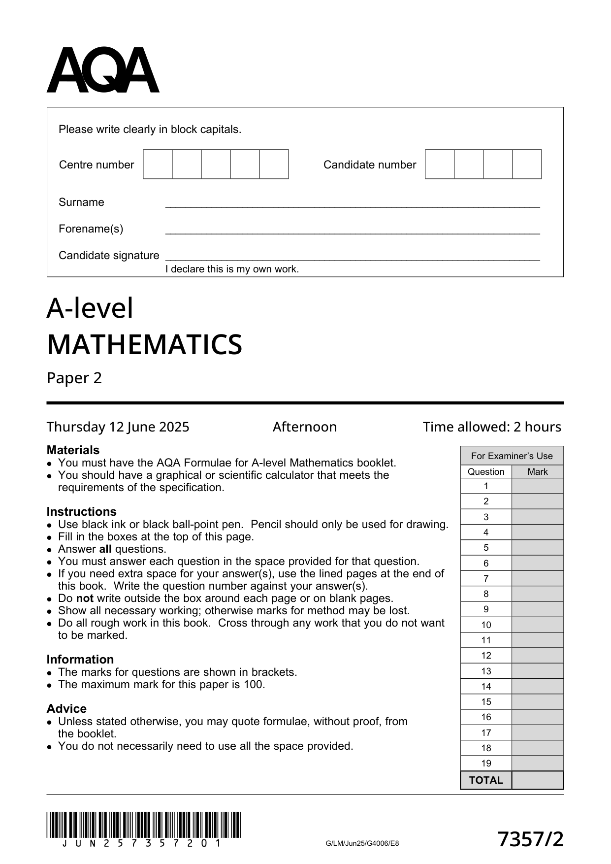 AQA A Level Mathematics  Paper 2 2025 QP