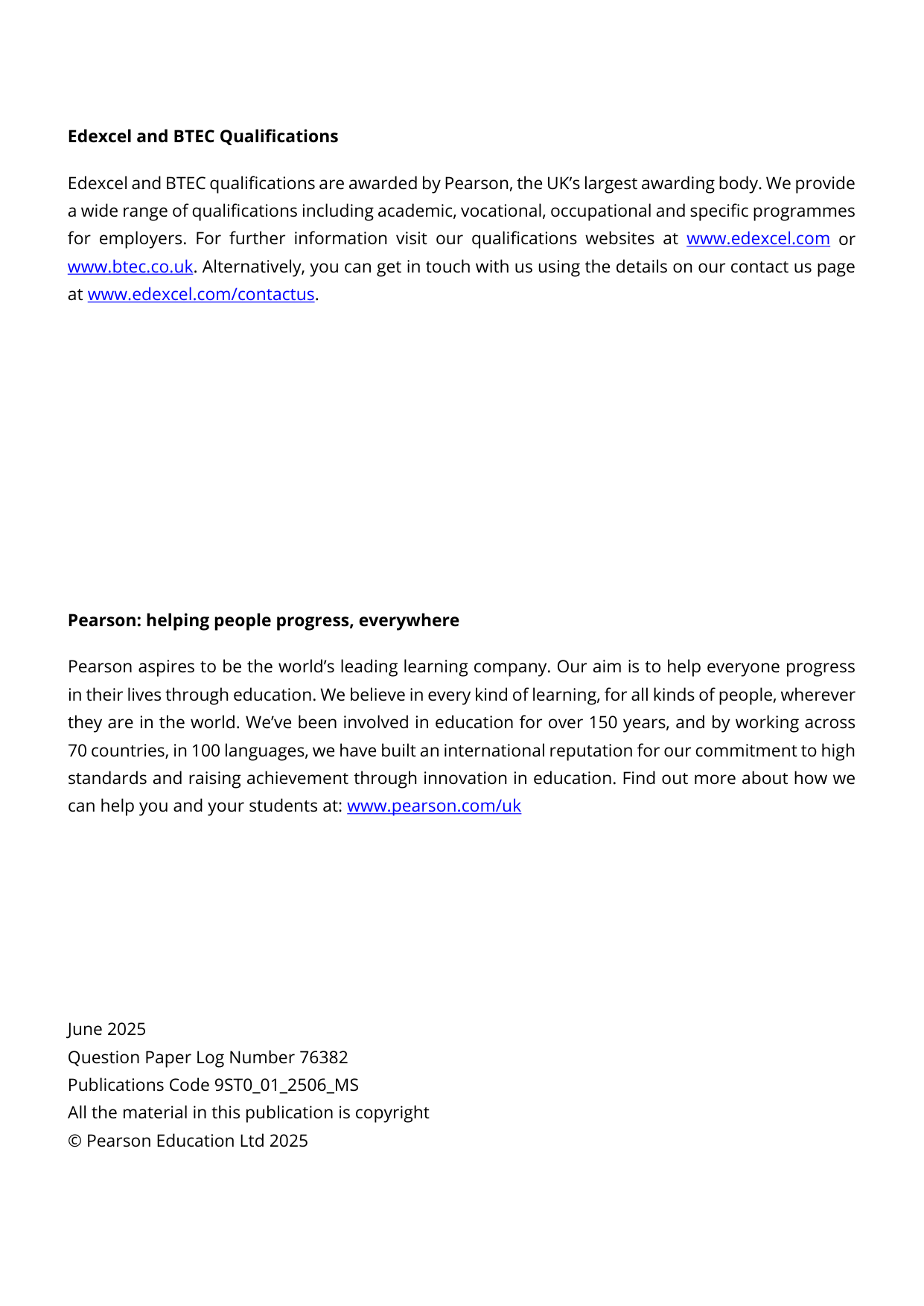 Pearson Edexcel A Level Statistics Paper 2 2025 Mark Scheme