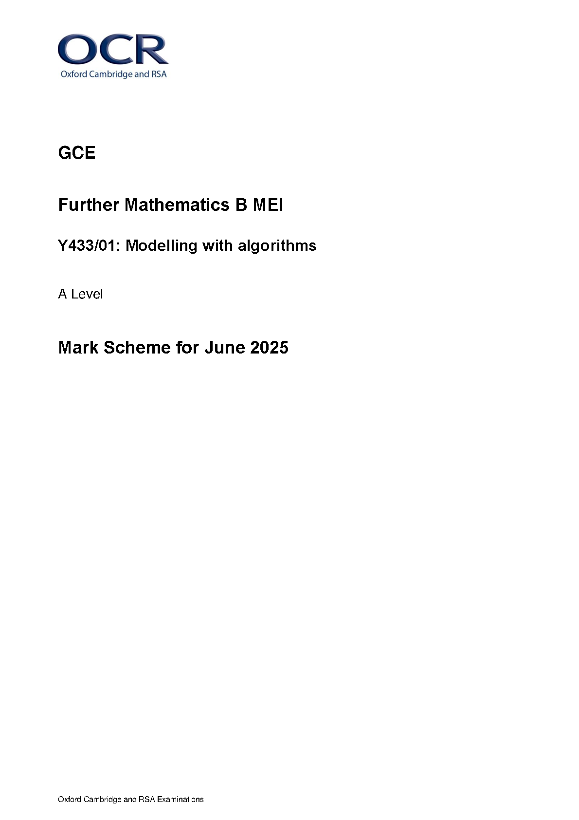 OCR A Level Further Maths Paper 1 Modelling 2025 Mark Scheme