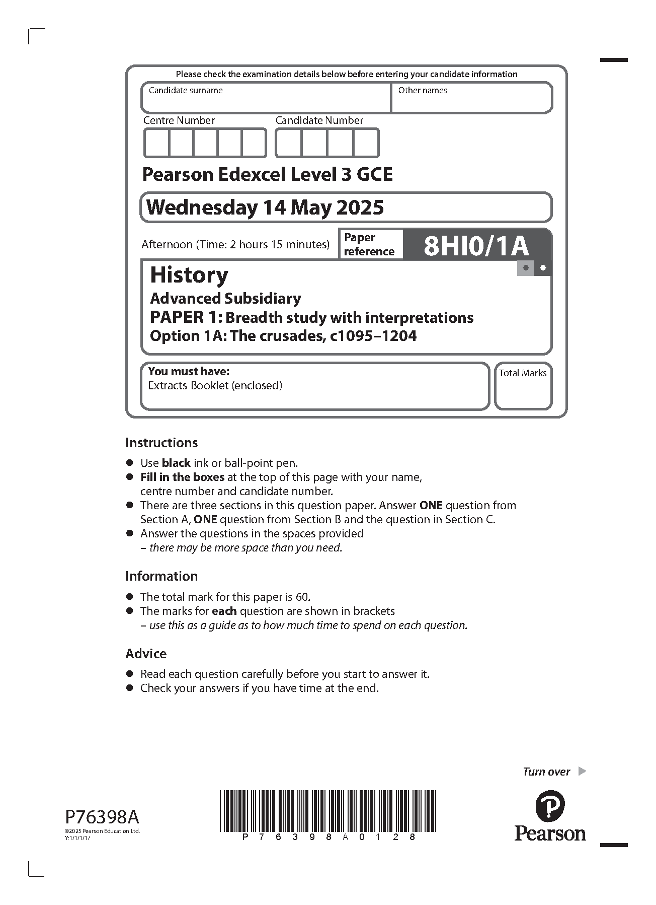 Pearson Edexcel AS History Paper 1A 2025 Question Paper PDF IMG-1