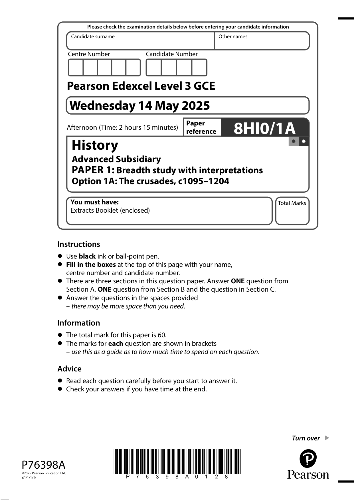 Pearson Edexcel AS History Paper 1A 2025 Question Paper PDF