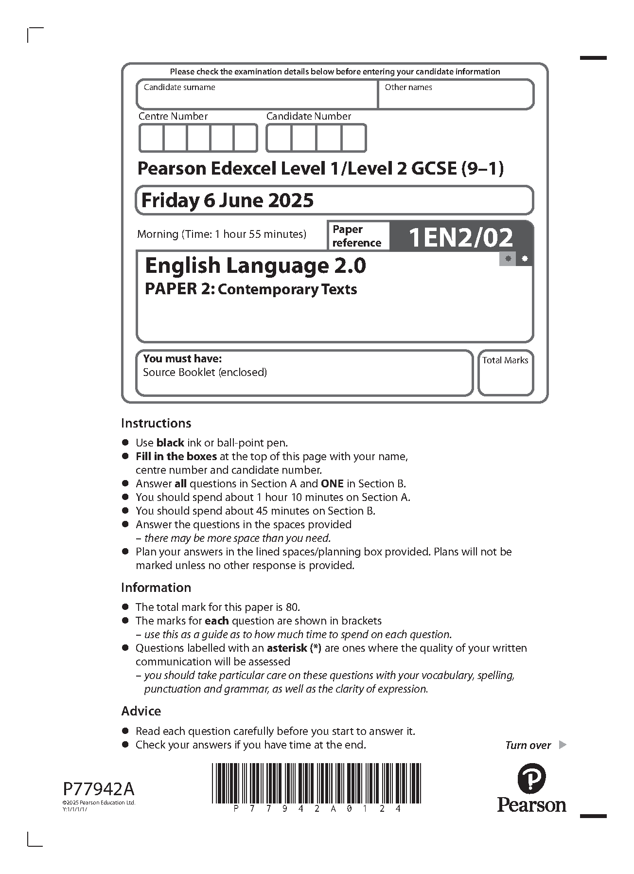 Pearson Edexcel GCSE English Language 2.0 Paper 2 2025 QP IMG-1
