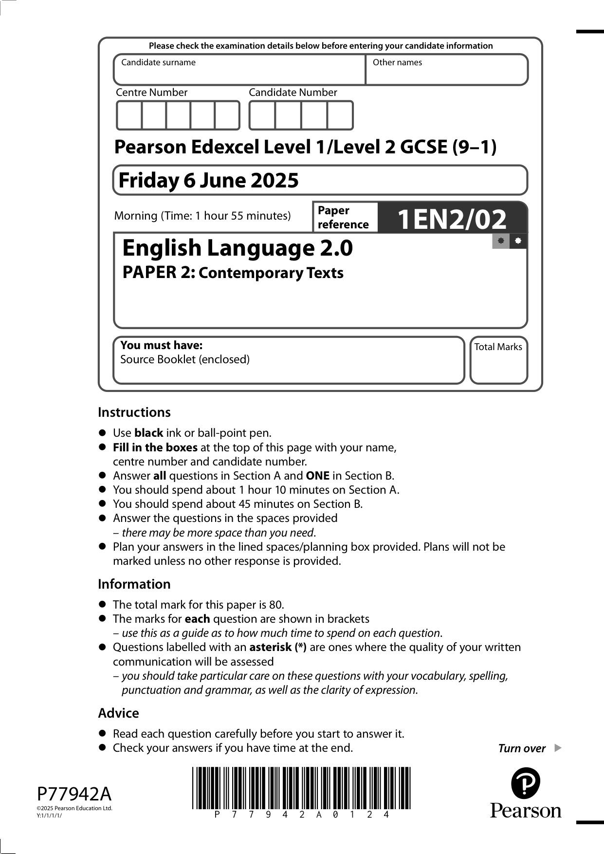 Pearson Edexcel GCSE English Language 2.0 Paper 2 2025 QP