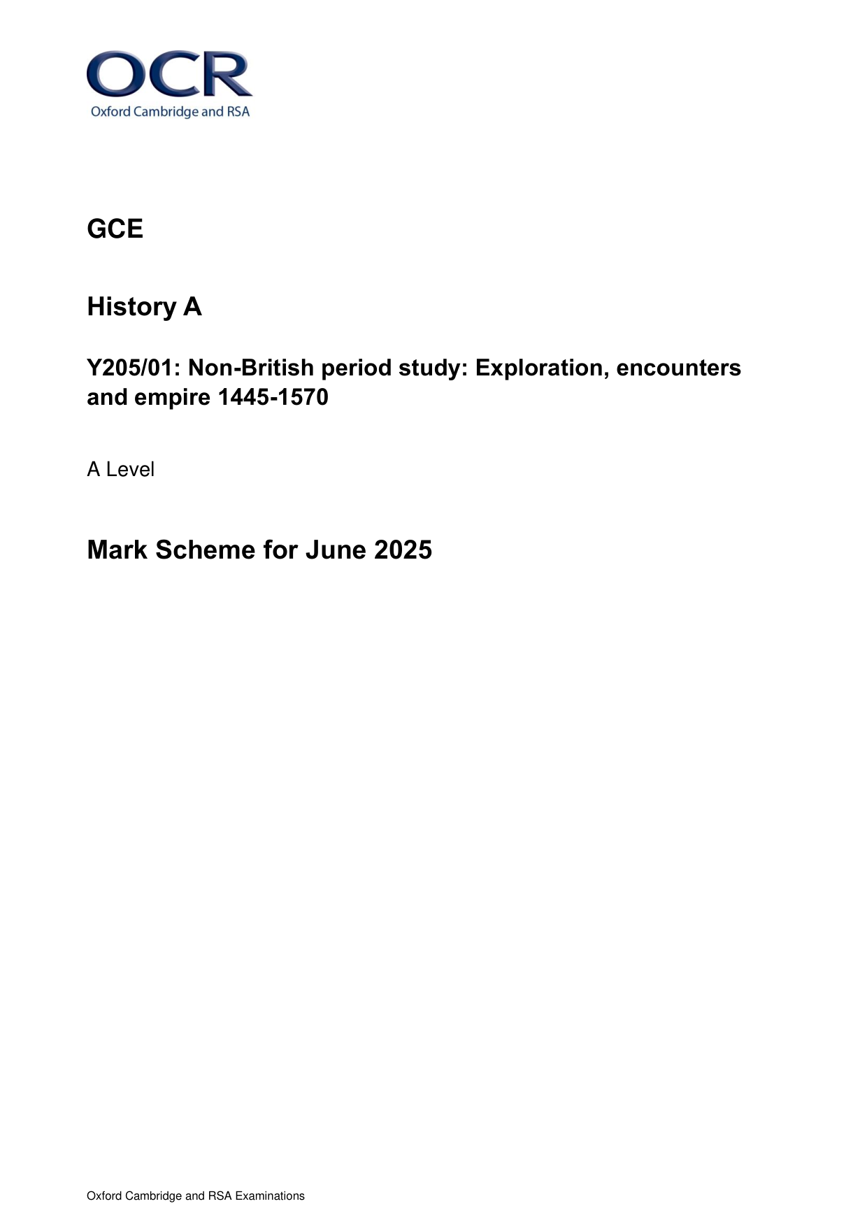 OCR A Level History A Exploration Empire 2025 Mark Scheme