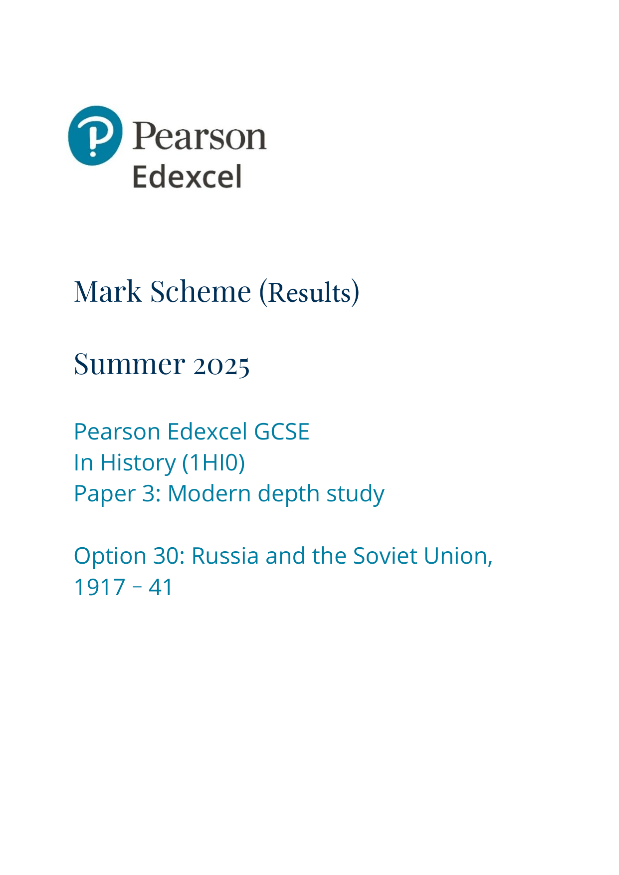 Pearson Edexcel GCSE History  Paper 3 Option 30  2025 MS