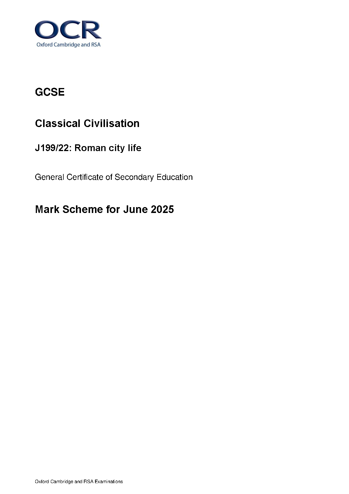 OCR GCSE  Classical Civilisation Paper 22 2025 Mark Scheme