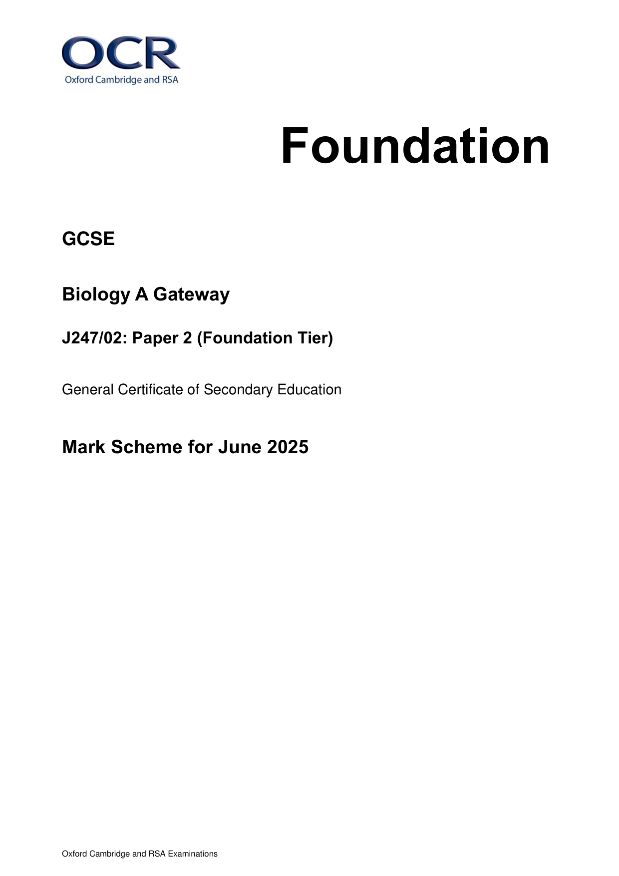 OCR GCSE Biology A Paper 2 Foundation June 2025 Mark Scheme
