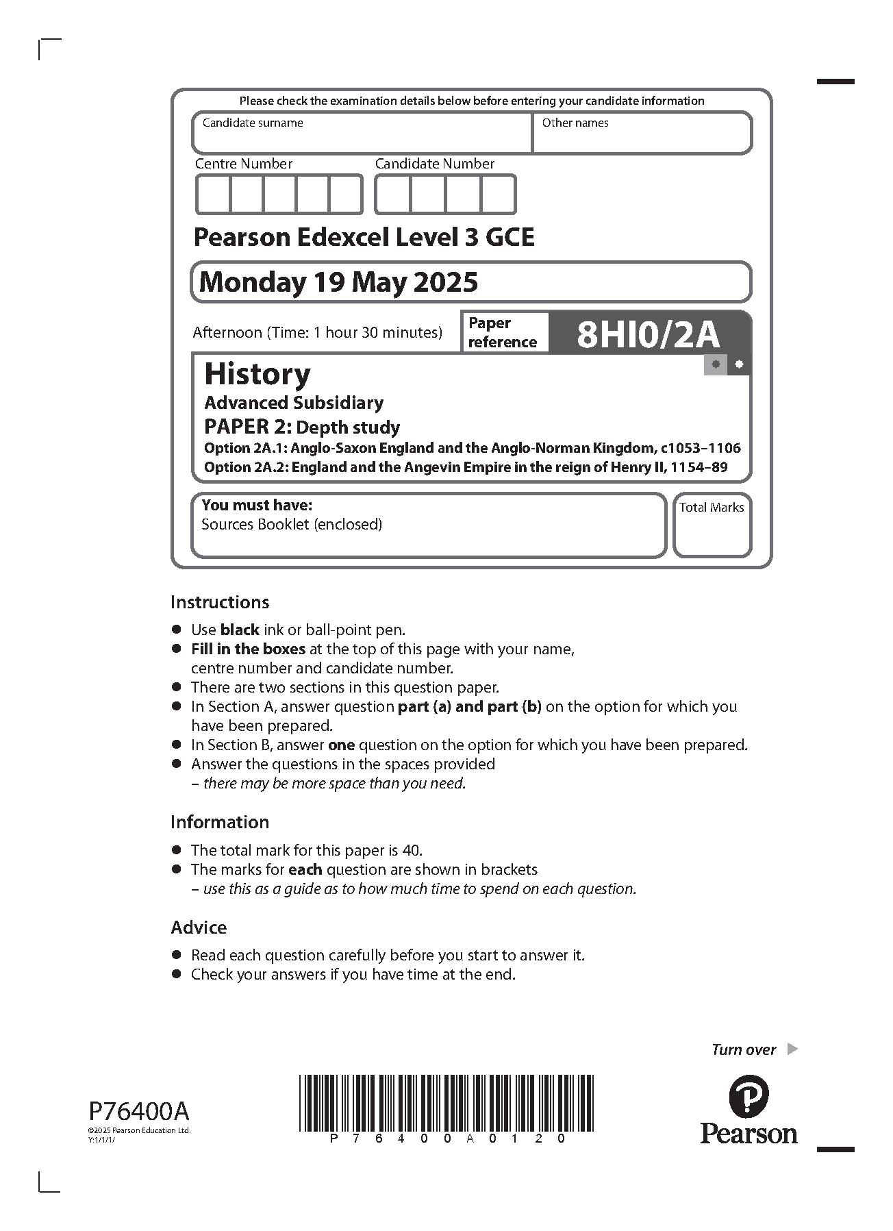 Pearson Edexcel AS History Paper 2A 2025 Question Paper PDF IMG-1