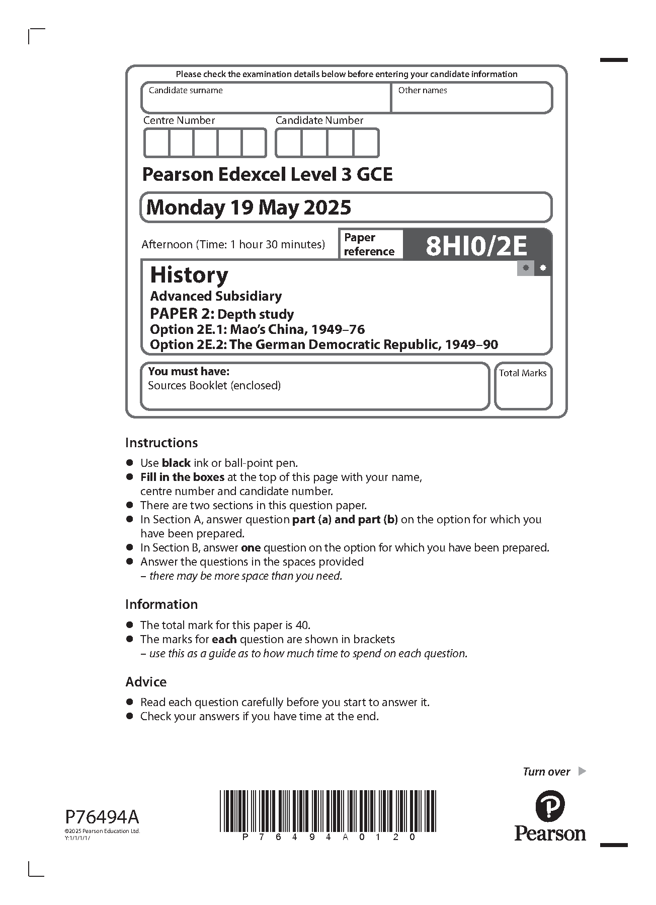 Pearson Edexcel AS History Paper 2E 2025 Question Paper PDF IMG-1