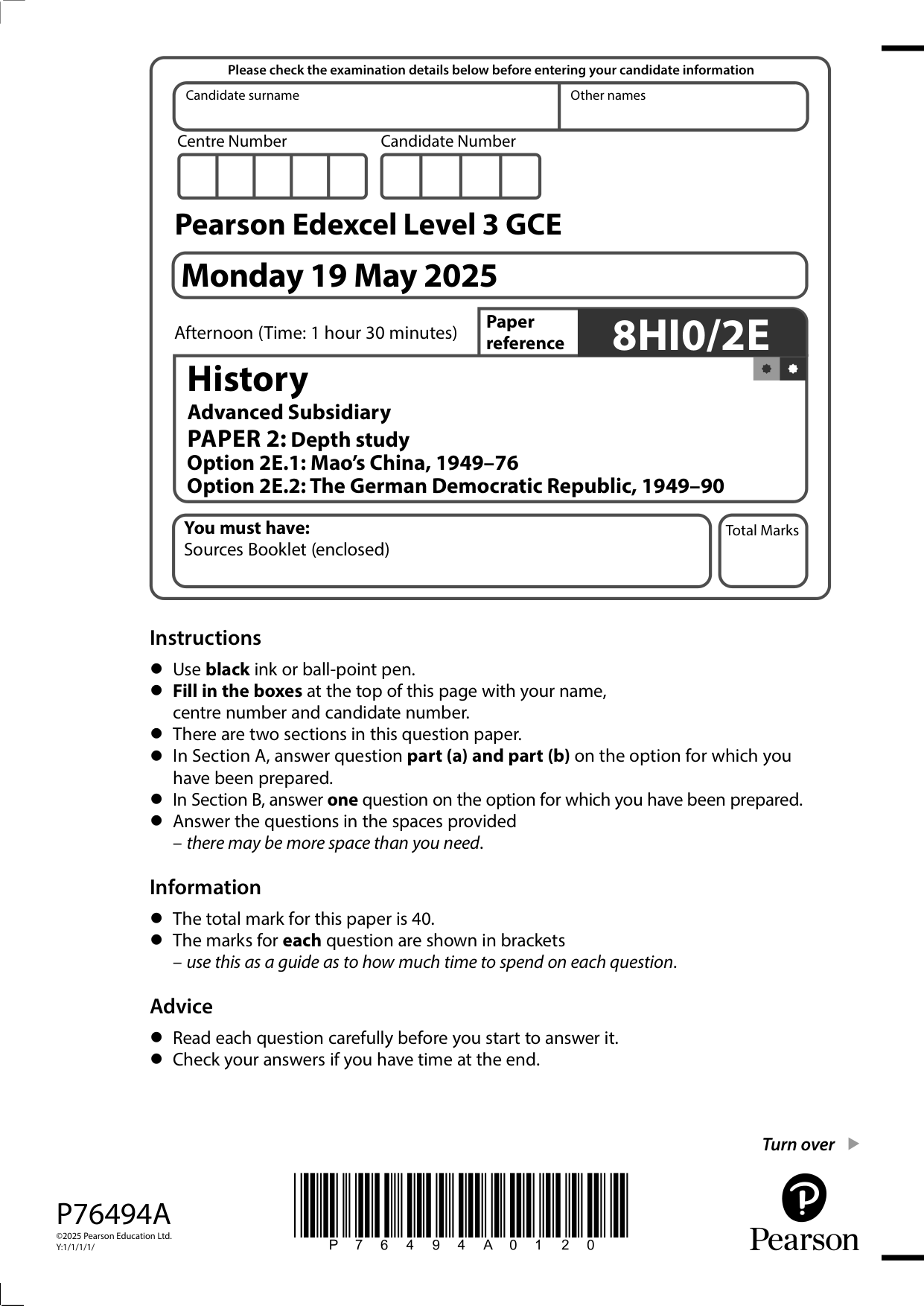 Pearson Edexcel AS History Paper 2E 2025 Question Paper PDF