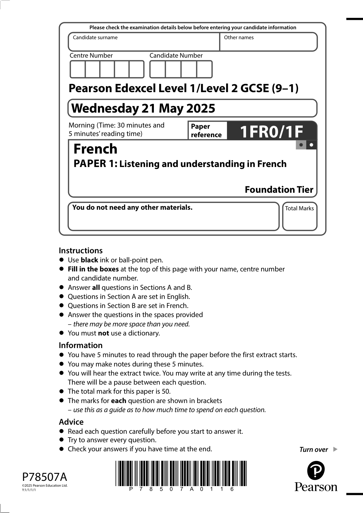 Pearson Edexcel GCSE French 2025 Paper 1f Question Paper