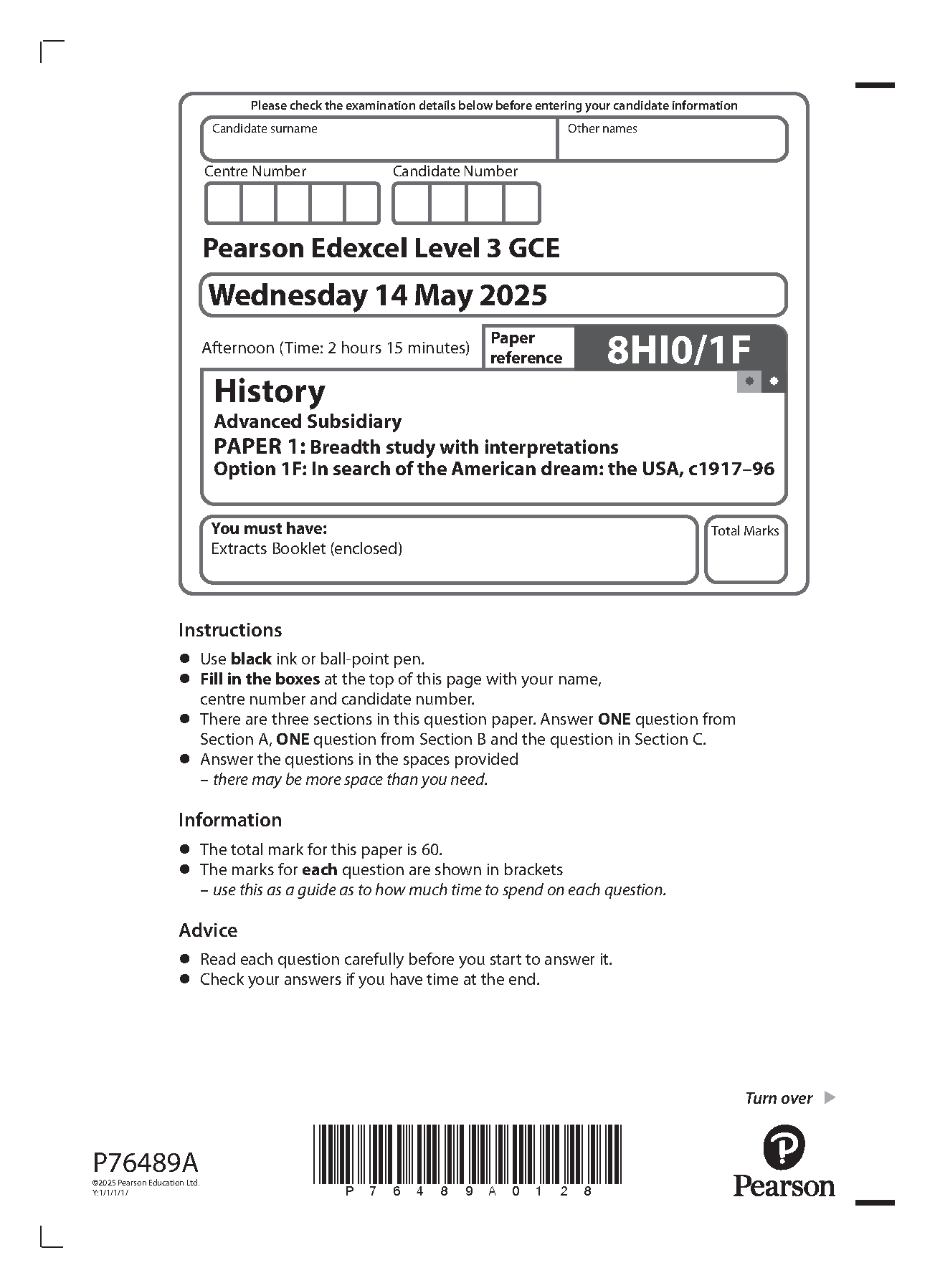 Pearson Edexcel AS History Paper 1F 2025 Question Paper PDF IMG-1