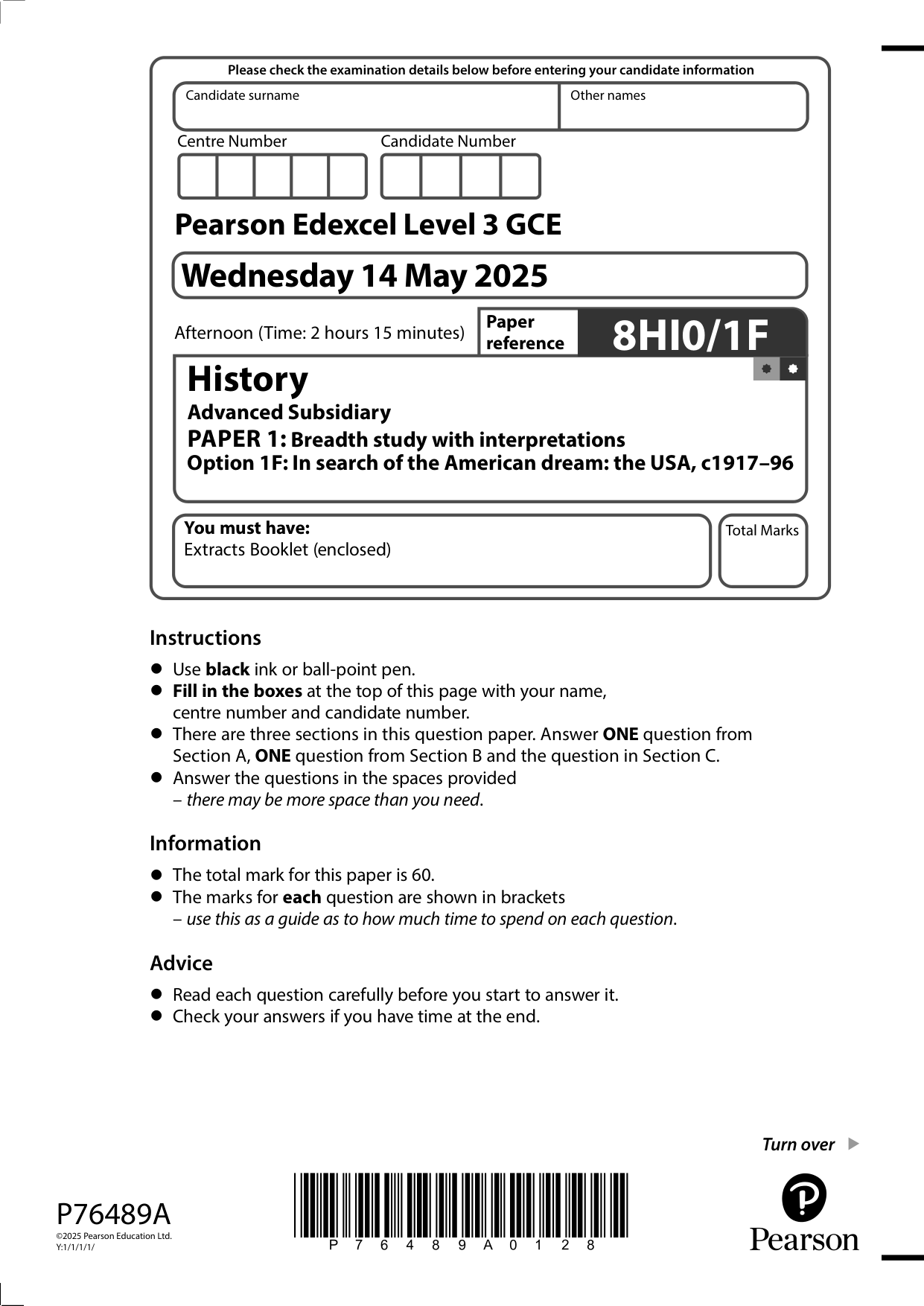 Pearson Edexcel AS History Paper 1F 2025 Question Paper PDF