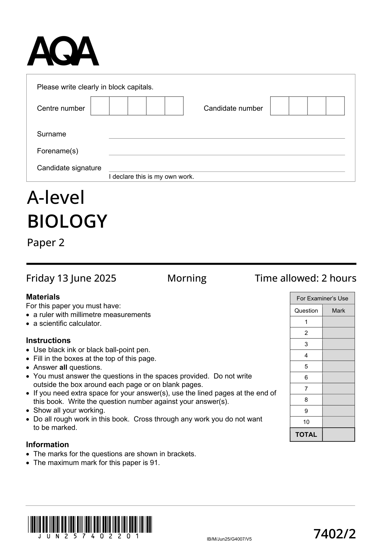 AQA A Level Biology Paper 2 2025 Question Paper PDF