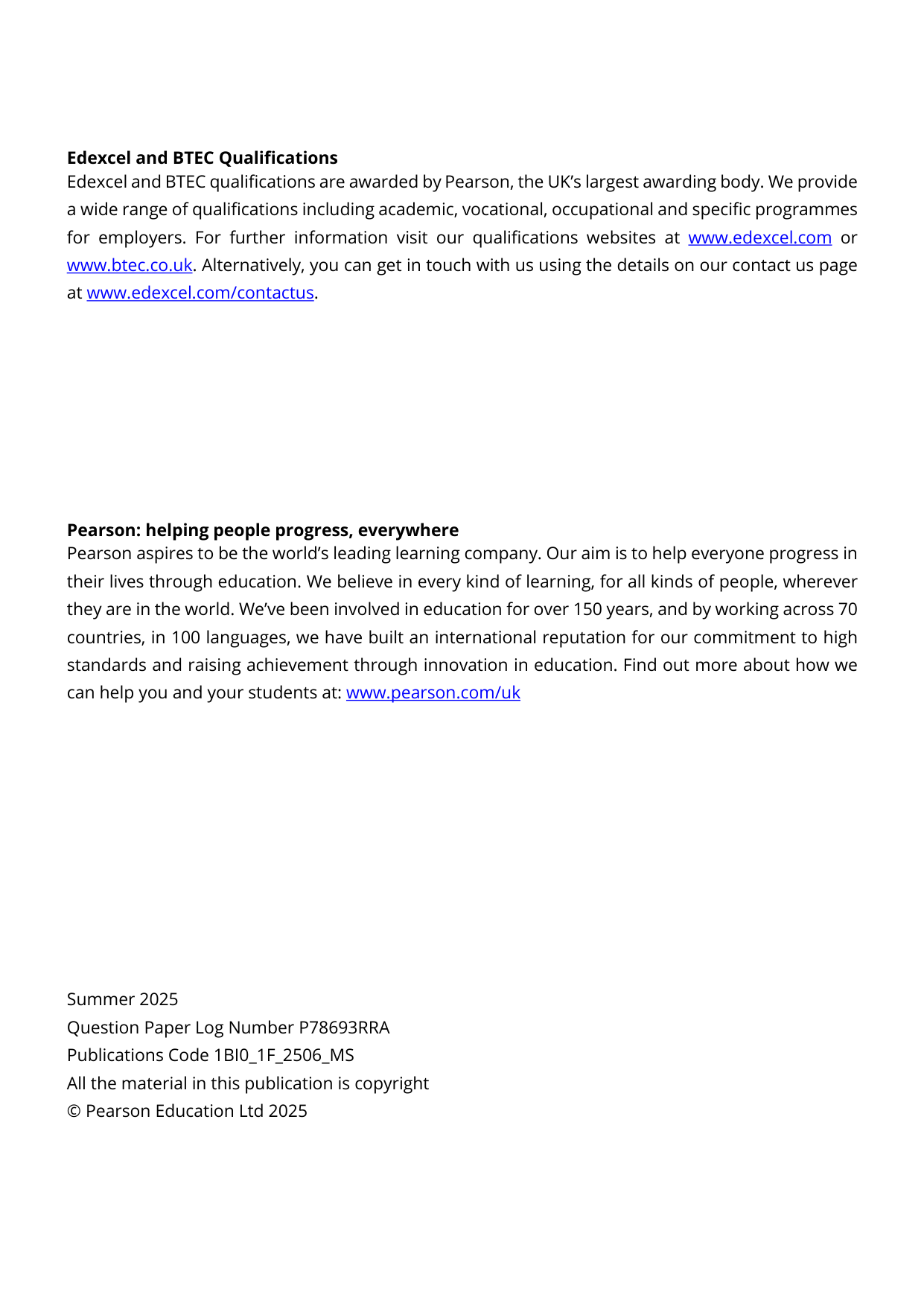 Pearson Edexcel GCSE Biology Paper 1F 2025 Mark Scheme